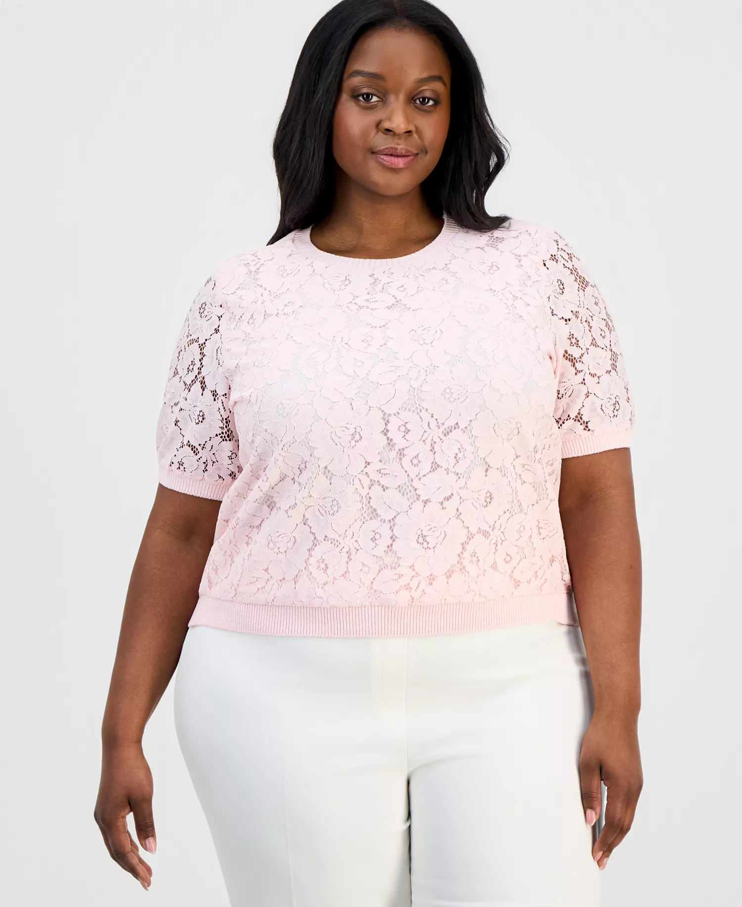 Plus Size Lace-Front Short-Sleeve Sweater - Tea Rose - 1X
