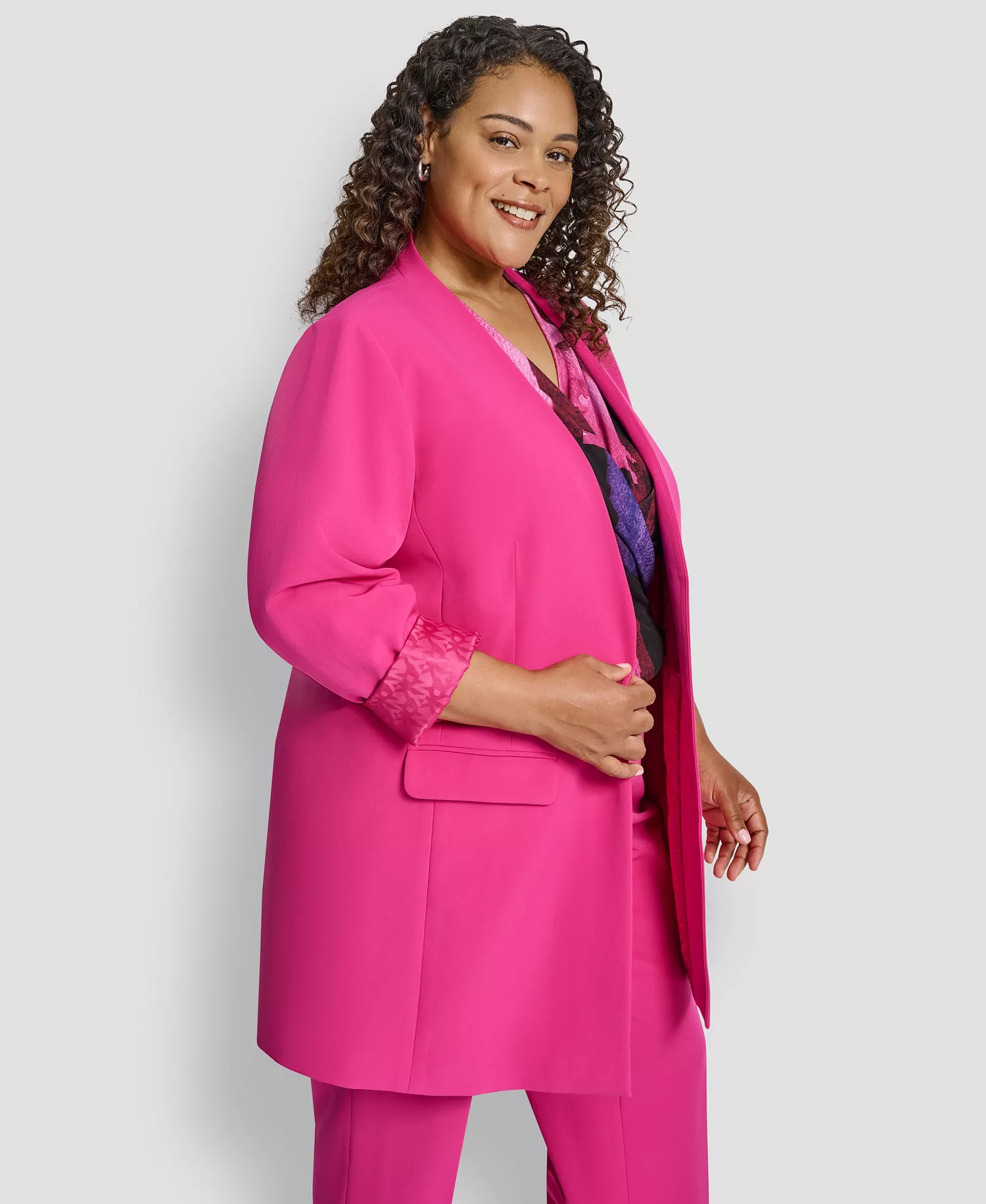 Plus Size Open Front Collarless Jacket - Fuchsia - 14W