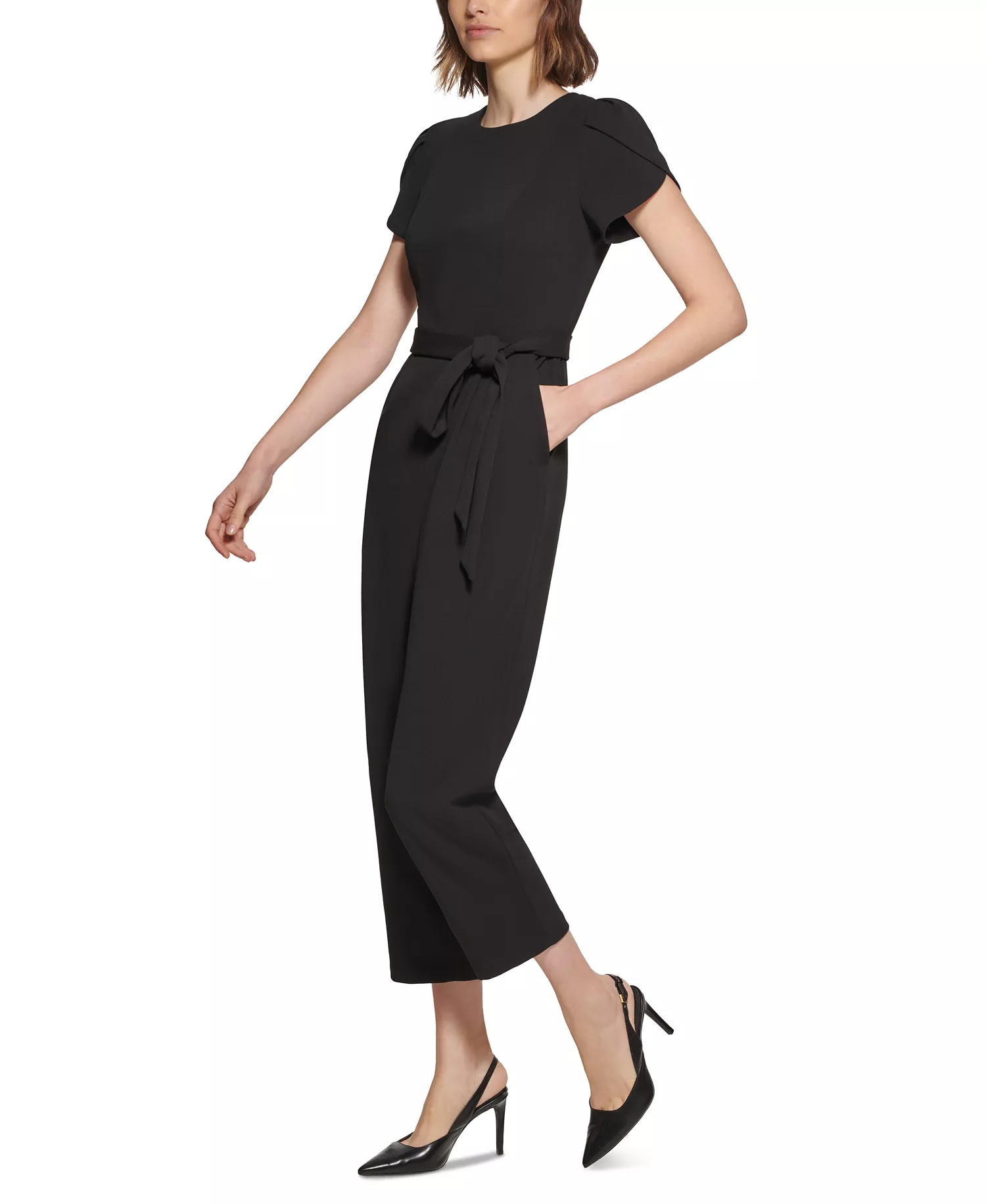 Women's Tie-Waist Tulip-Sleeve Jumpsuit - Black - 10
