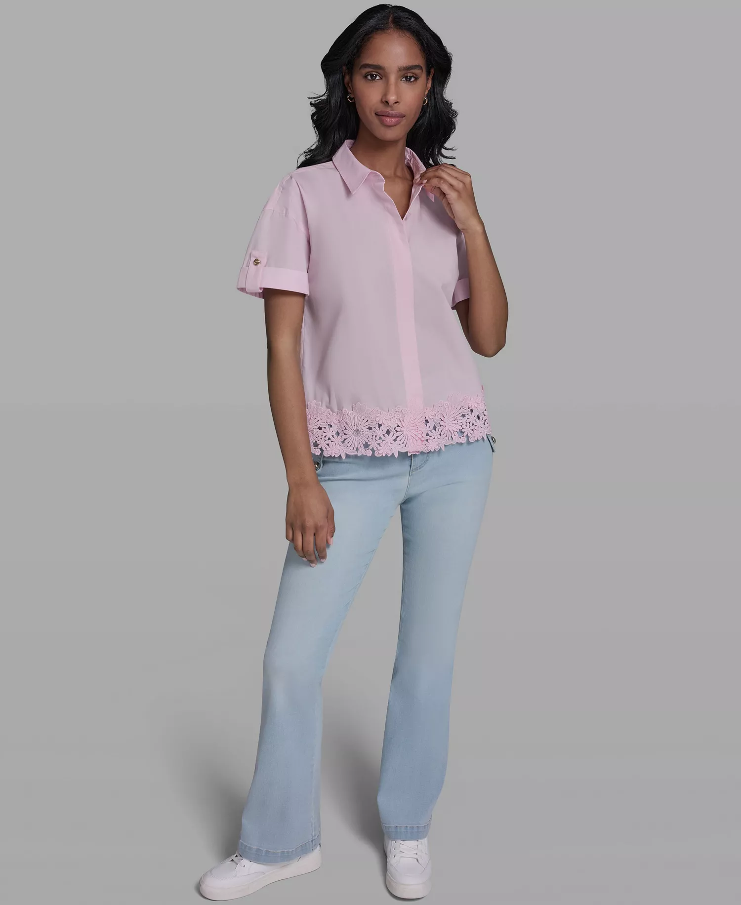 Women's Collared Lace-Trimmed Short-Sleeve Blouse - Ballet Slipper - L