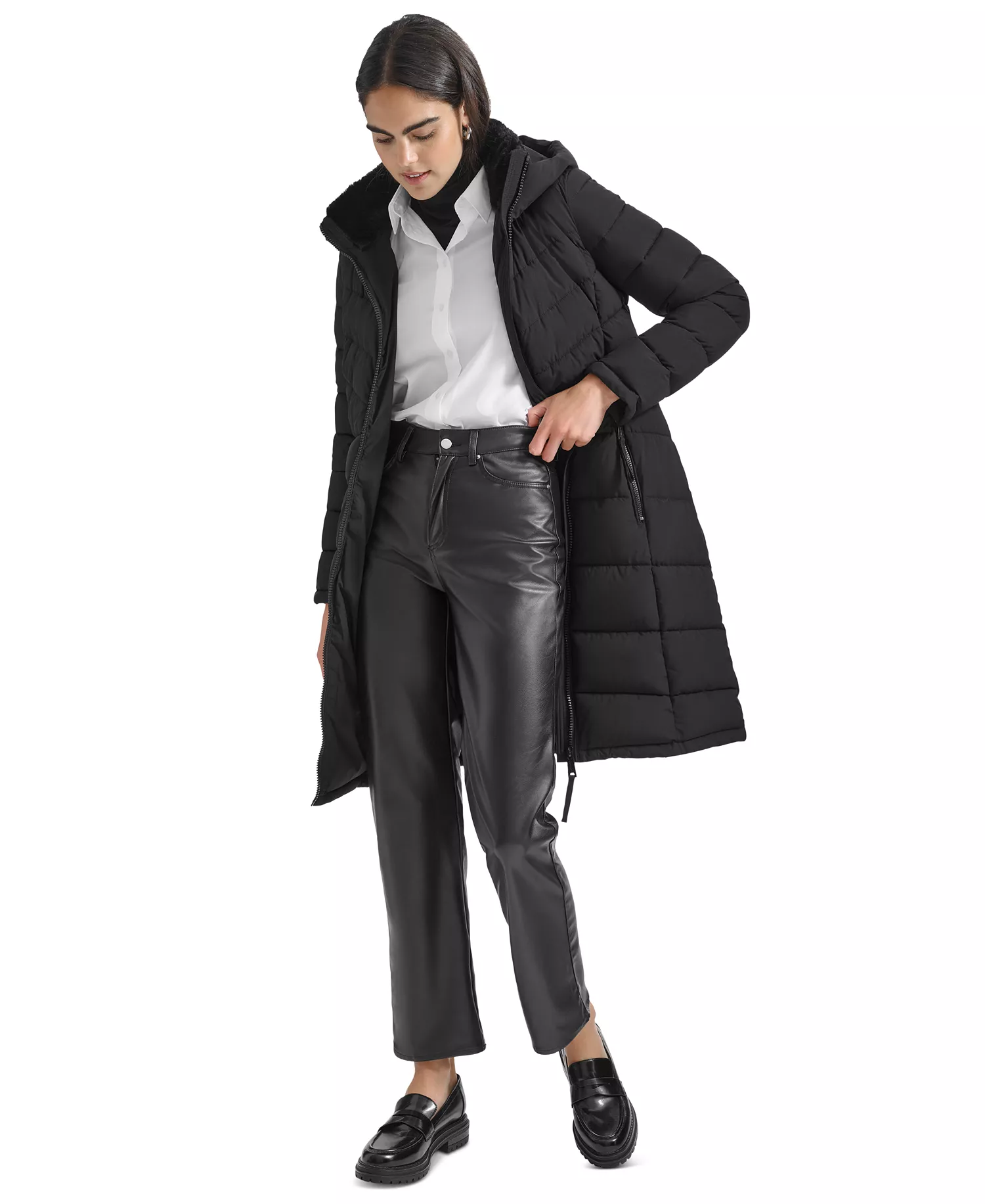 Women's Diamond Quilted Side Belted Hooded Puffer Coat - Black - XL