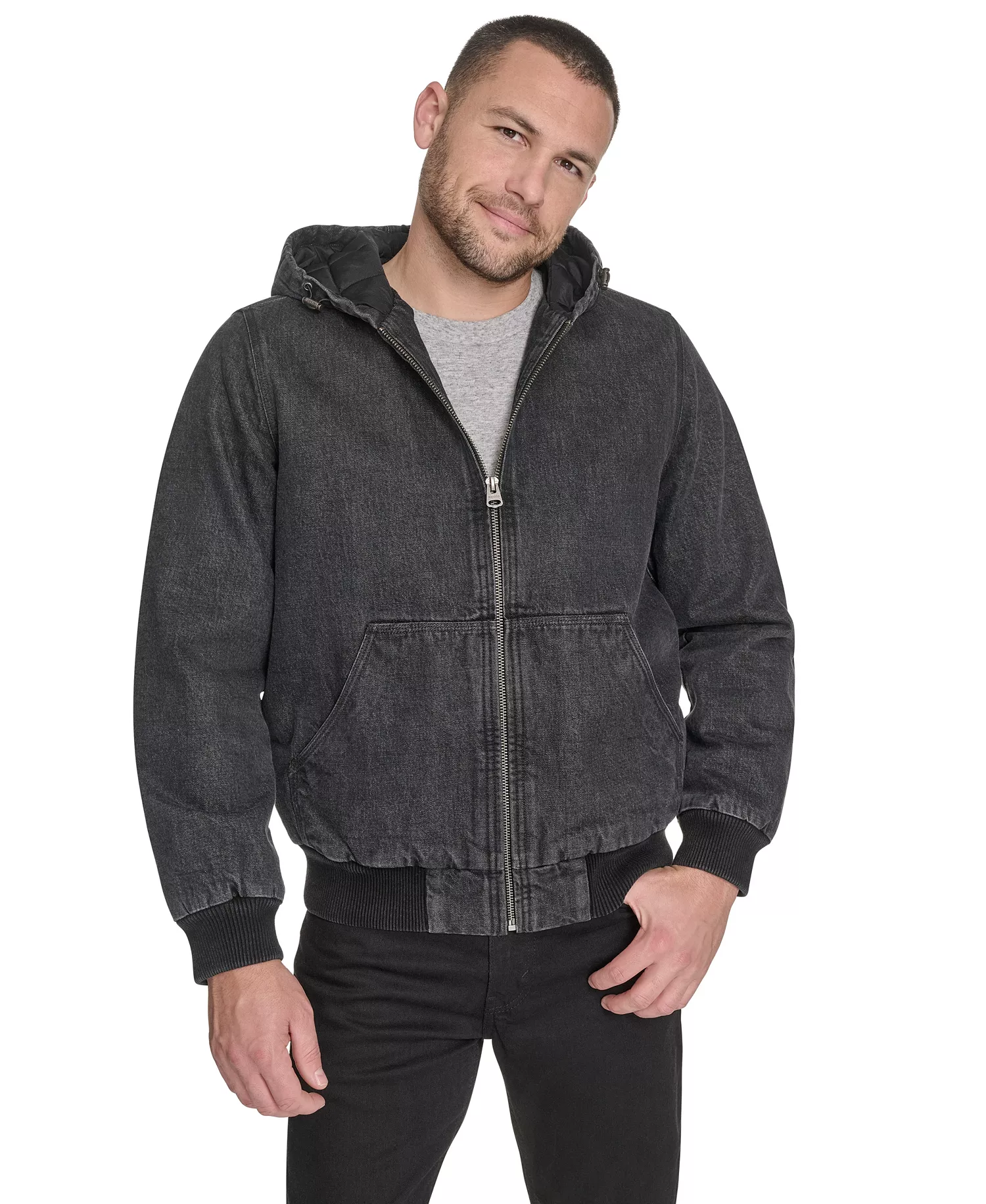Men's Hooded Bomber Jacket - Black Denim - 2XL