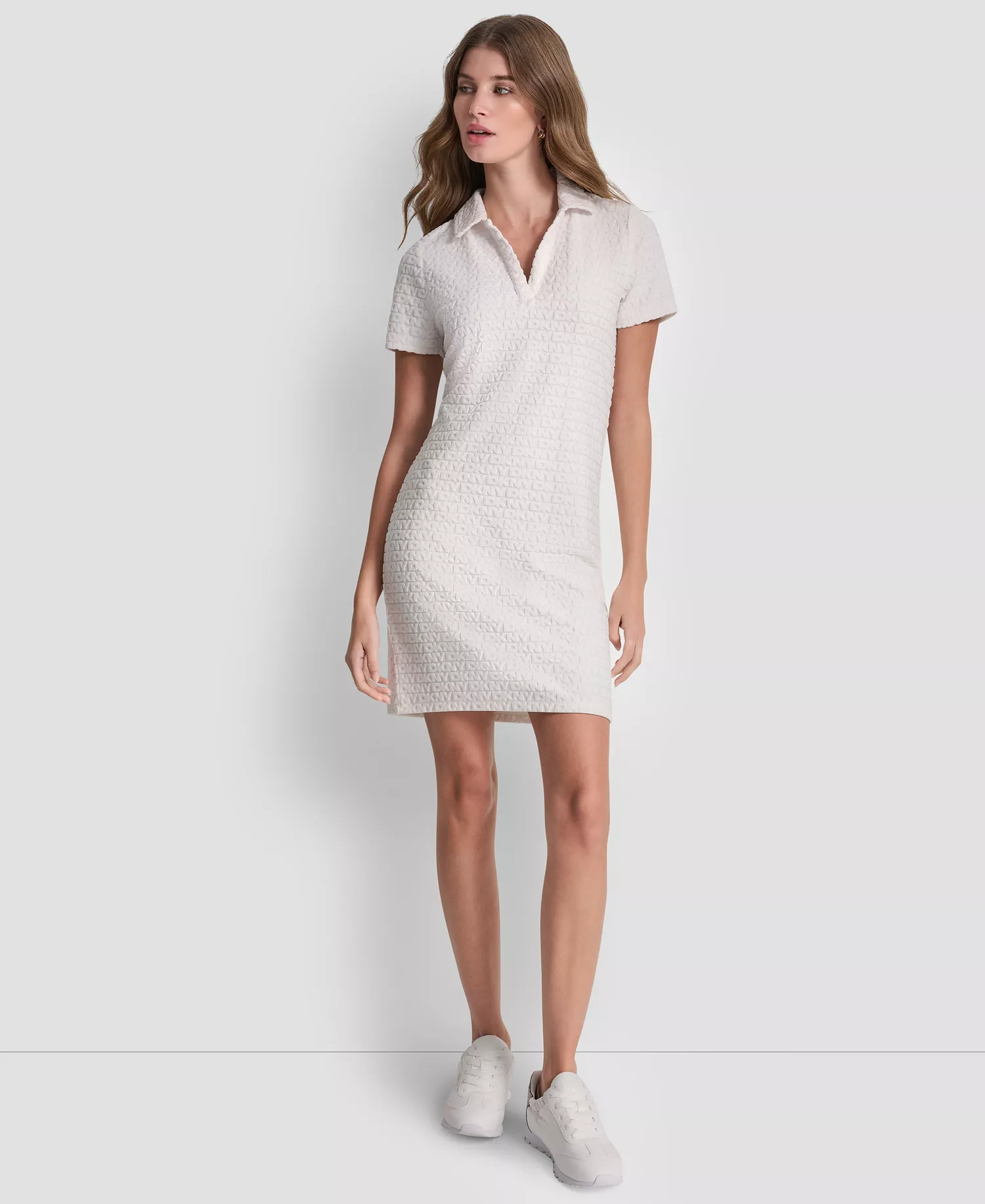 Women's Logo Jacquard Split Neck Collared Mini Polo Dress - Ivory - L