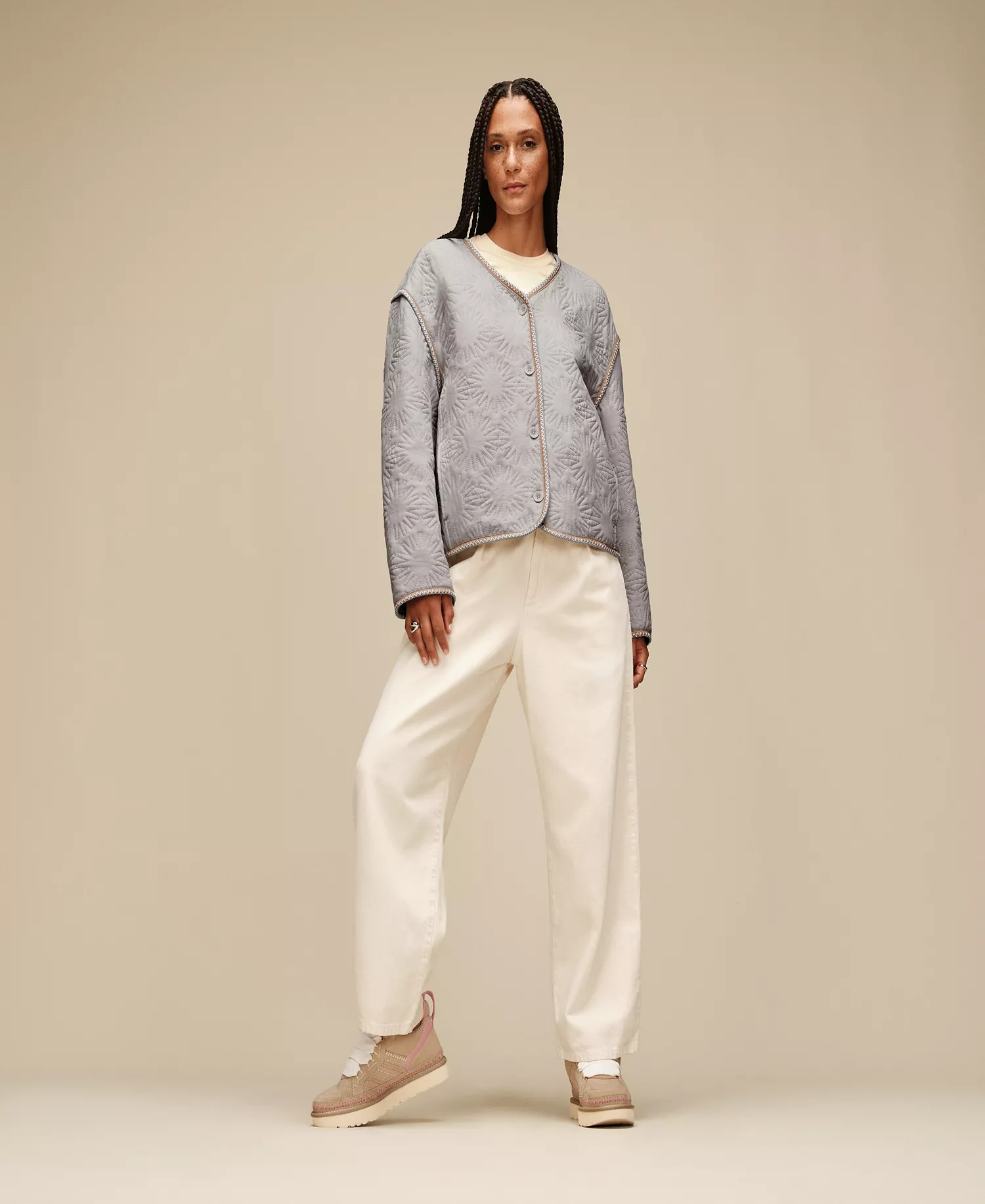 UGG Women's Regular Fit Button Closure Sun Quilted Jacket - Light Gray - L