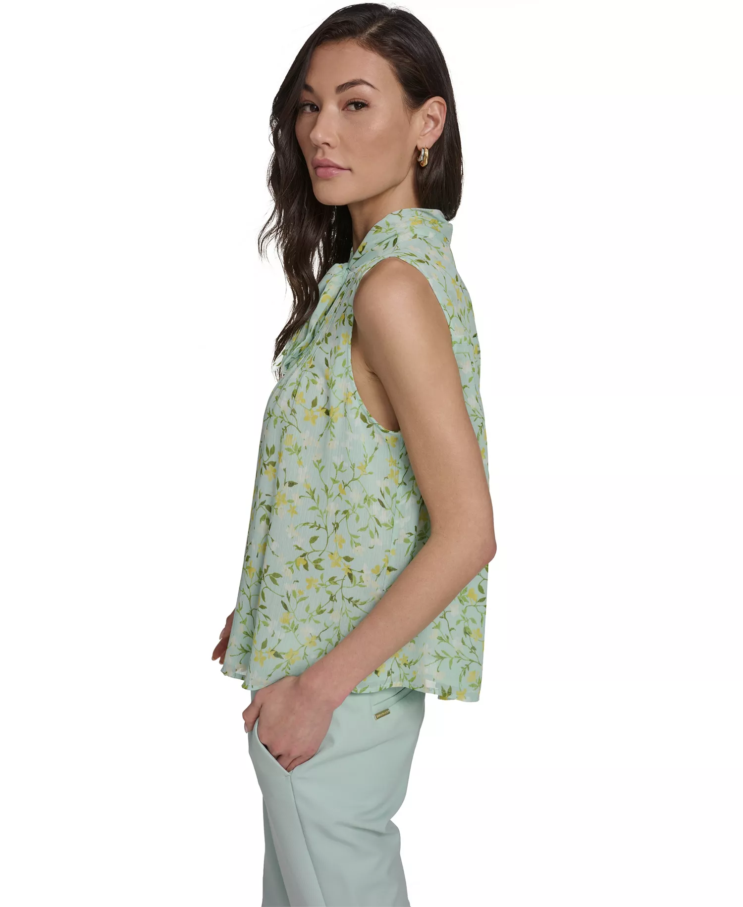 Women's Floral Vine Pintuck Top - Harbor Gray/Sunshine - L