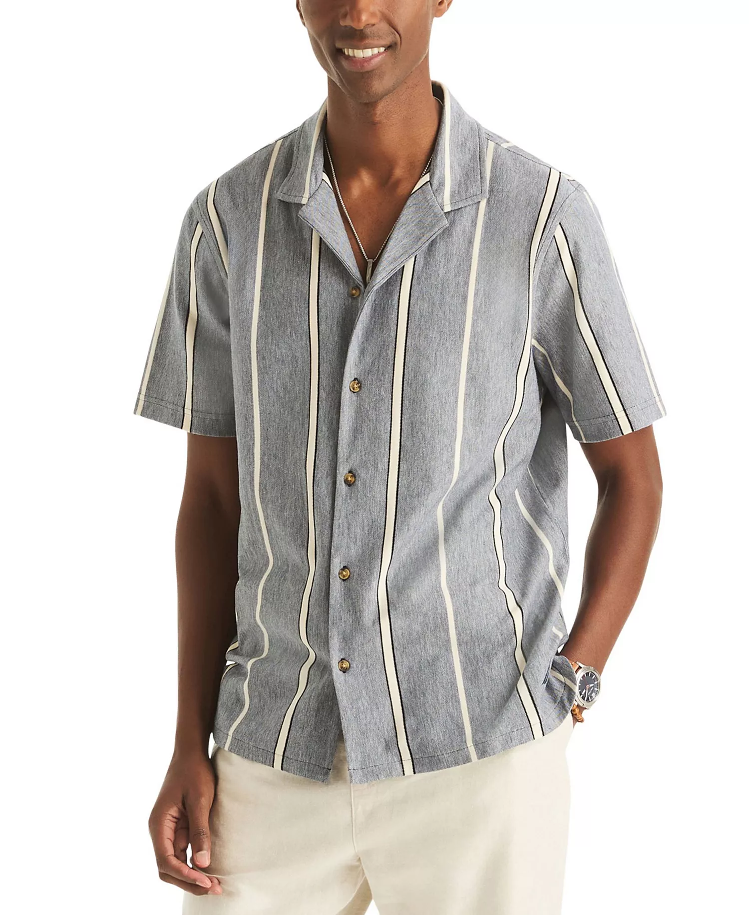 Men's Striped Spread-Collar Shirt - Navy Seas - L