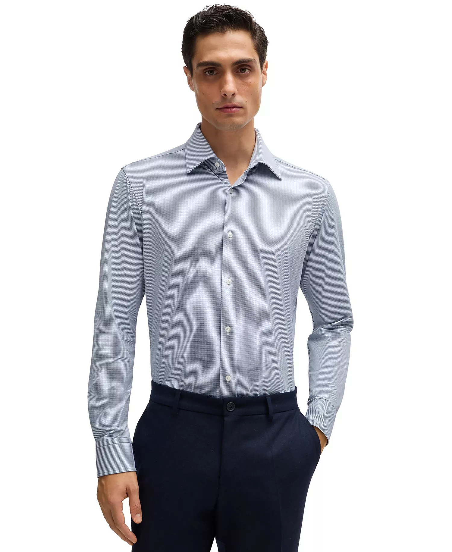Men's Structured Performance-Stretch Fabric Regular-Fit Dress Shirt - Dark Blue - 16