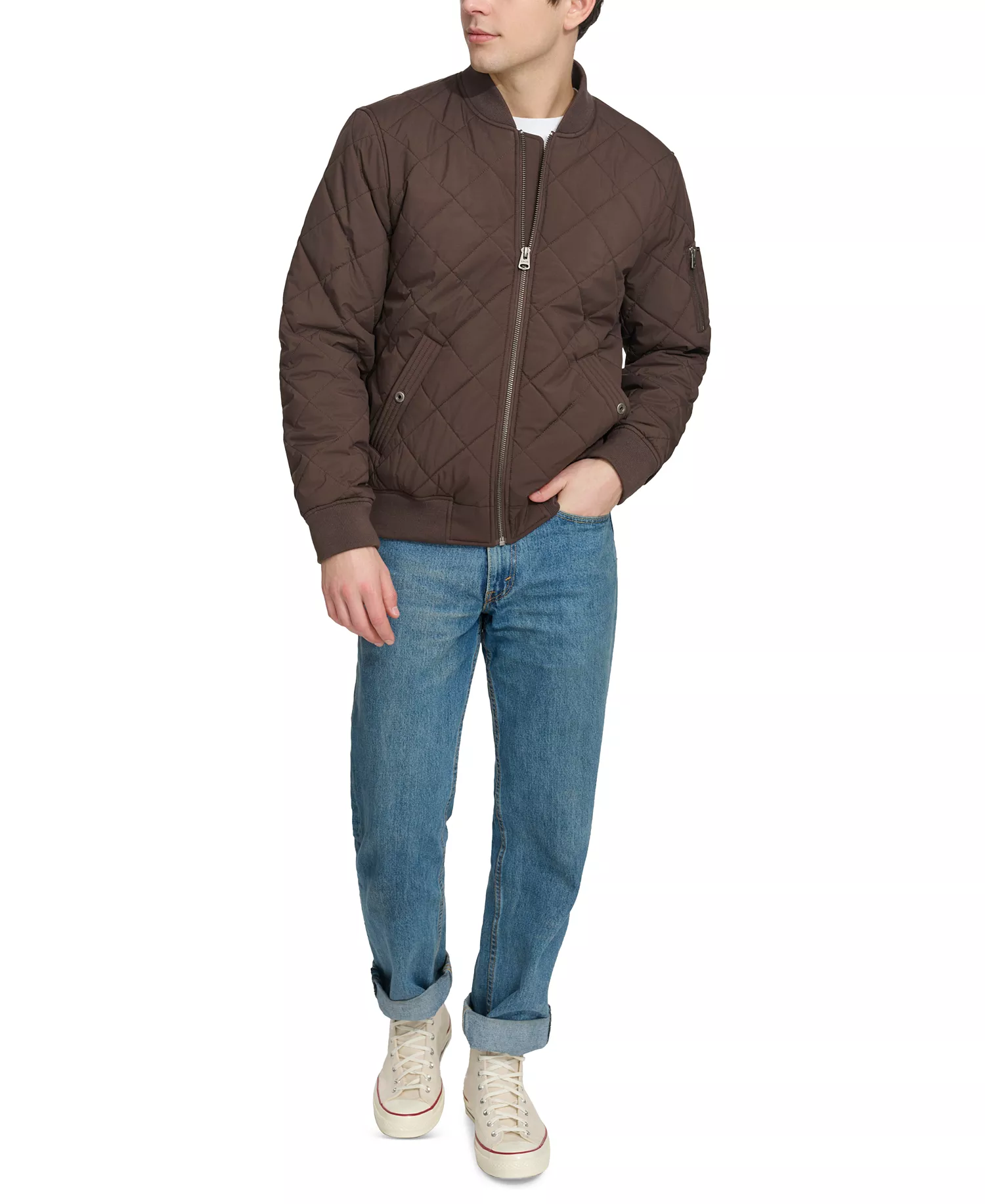 Men's Quilted Fashion Bomber Jacket - Chocolate Brown - 2XL