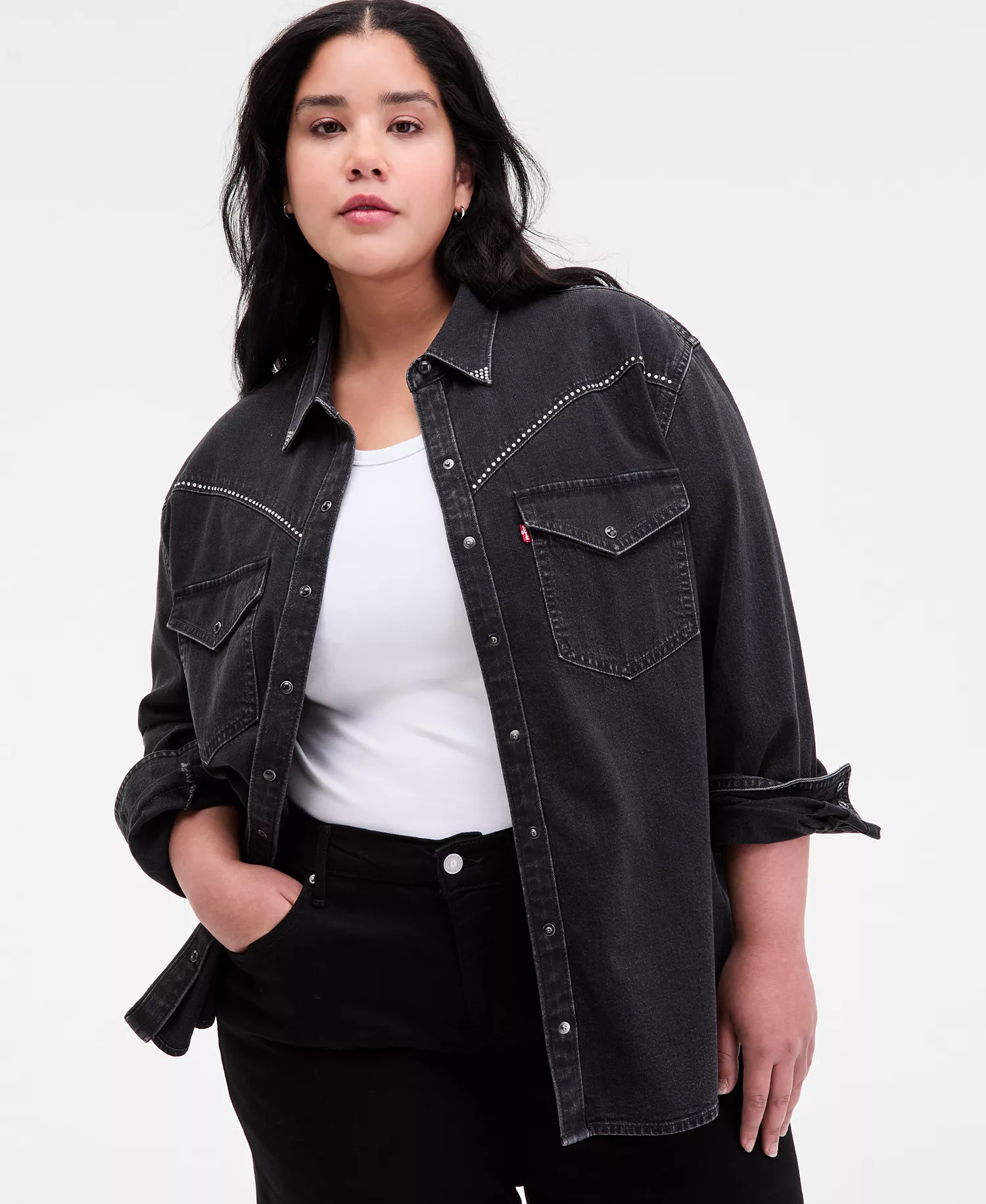 Plus Size Sawyer Western Pocket Detail Shirt - Black - 1X