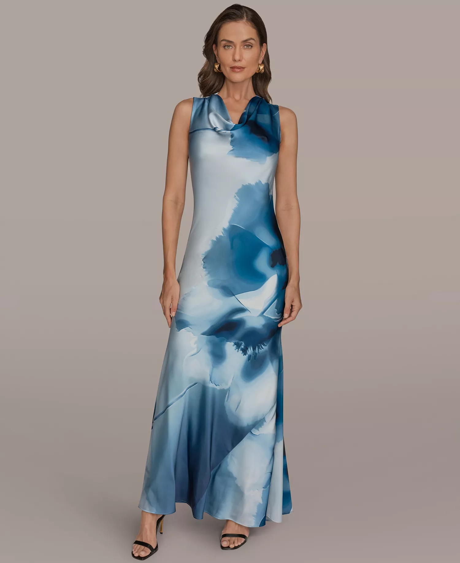 Women's Cowl Neck Floral Gown - Washed Indigo Multi - 10