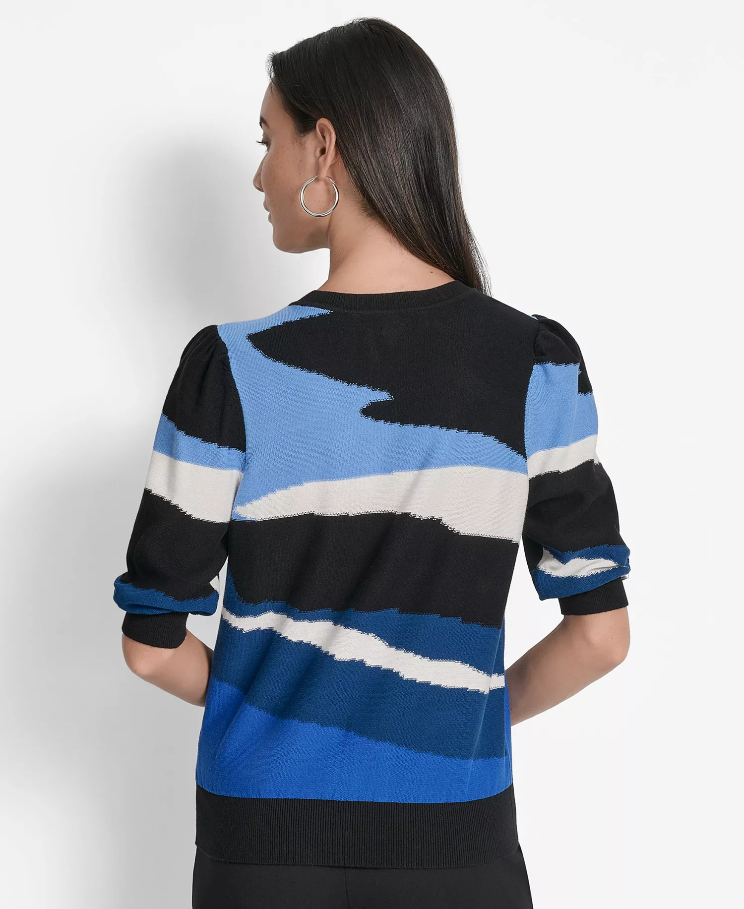 Women's Cotton Printed Elbow-Sleeve Sweater - Cadet Blue Multi - XS