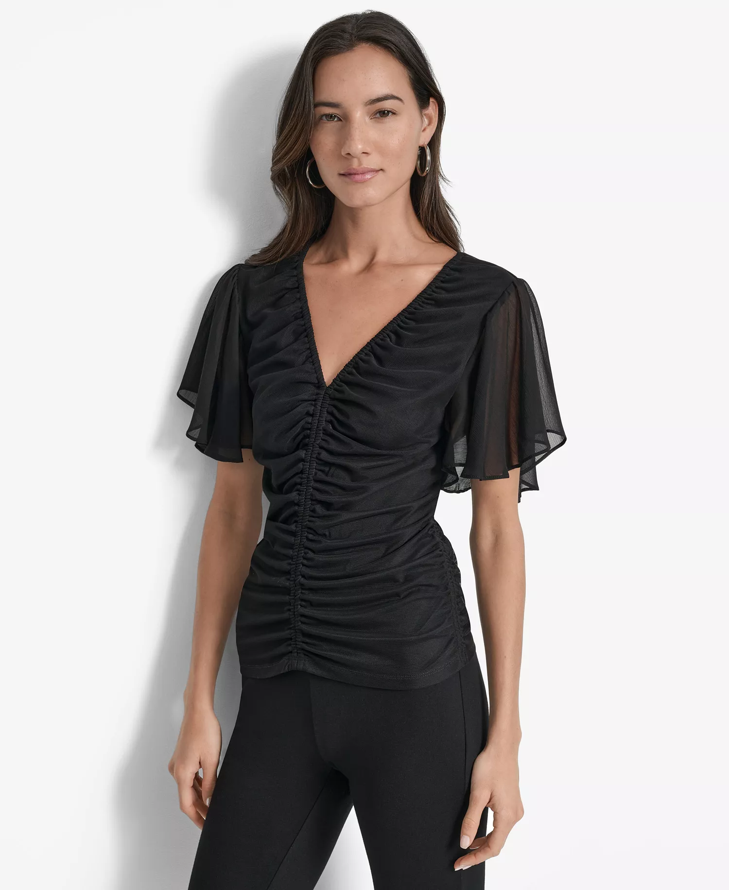 Women's Center-Ruched Flutter-Sleeve Top - Black - S