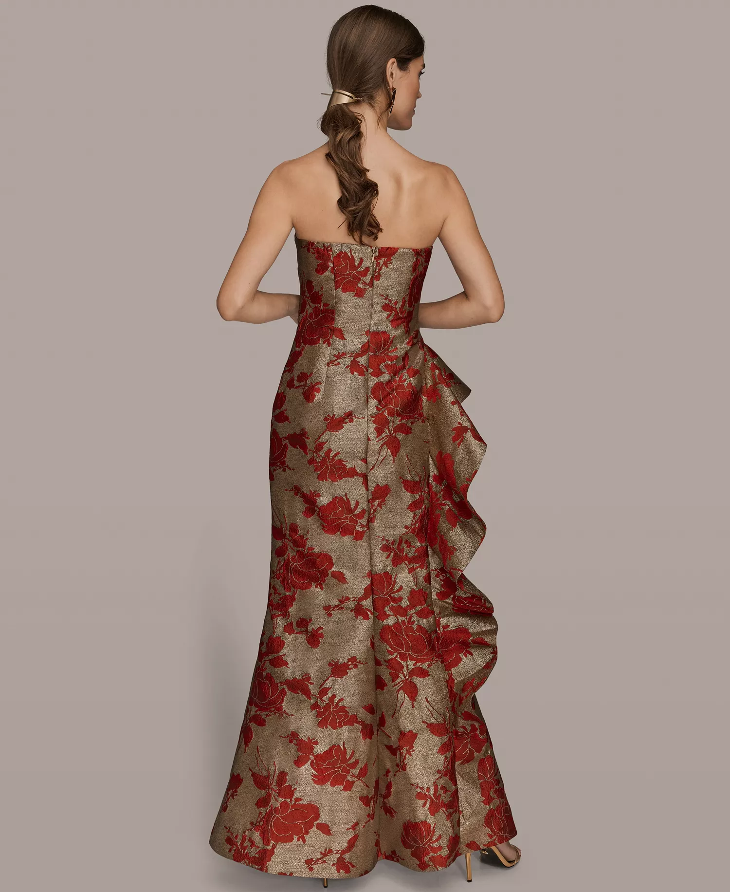 Women's Strapless Floral Gathered Ruffled Gown with Split Hem Dress - Gold/Autumn Red - 10