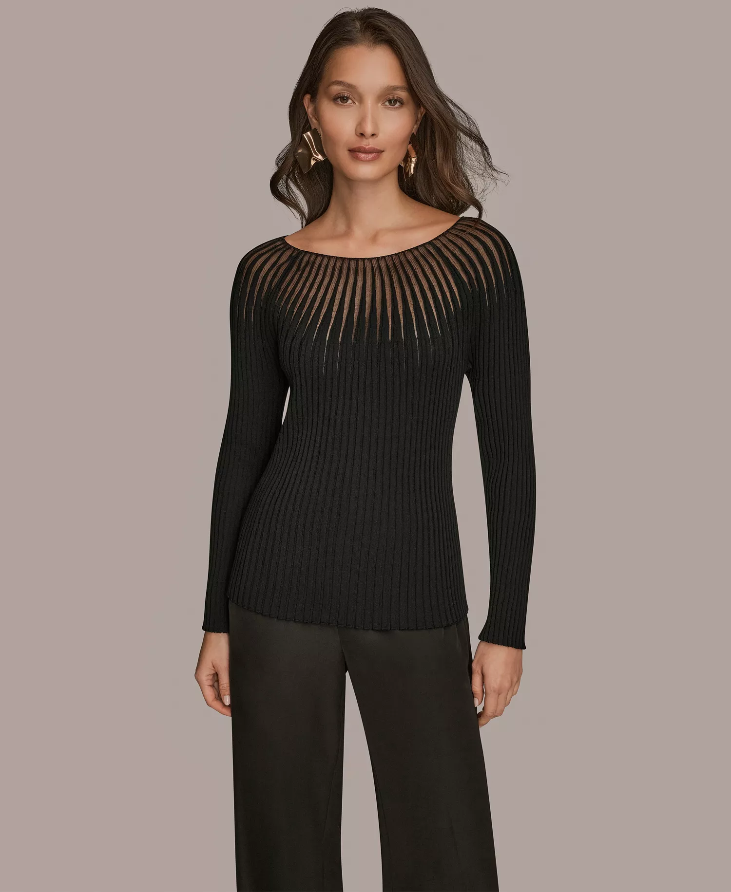 Women's Mesh Detail Boat Neck Sweater - Black - L