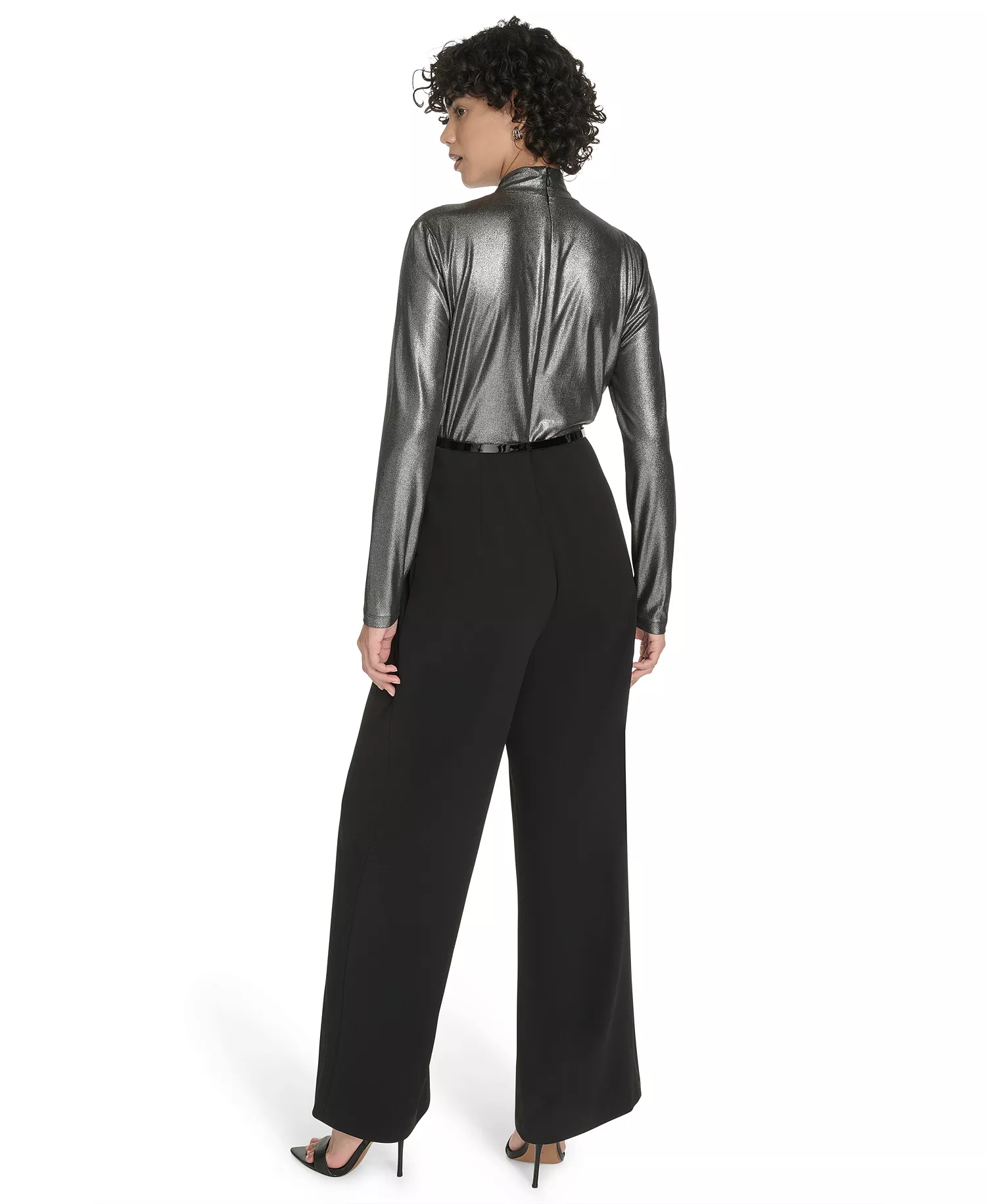 Women's Shimmer Belted Wide-Leg Jumpsuit - BLACK.SILVER - 10