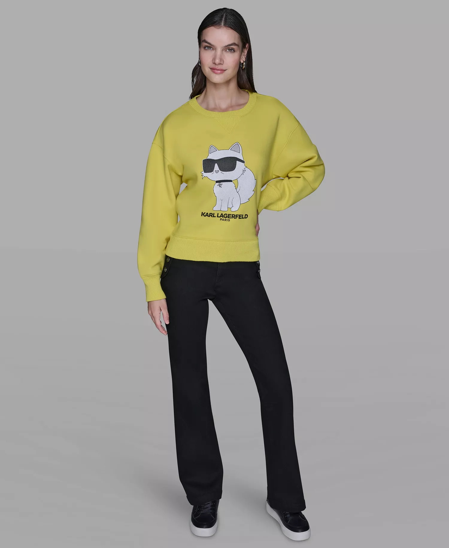 Women's Emoji Choupette Print Sweater - Lime - L