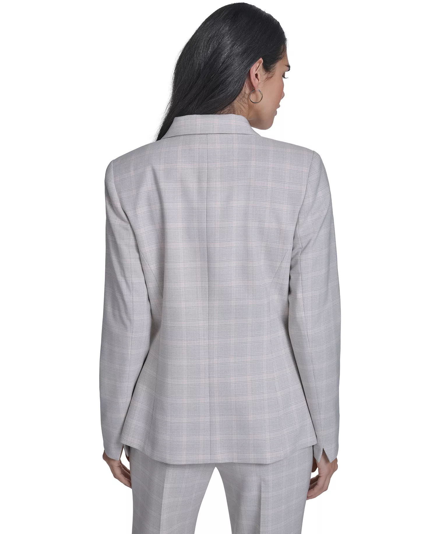 Women's Windowpane Double-Breasted Jacket, Textured Mock Neck Cap Sleeve Top, and Windowpane Modern Fit Pants - Gray - 10