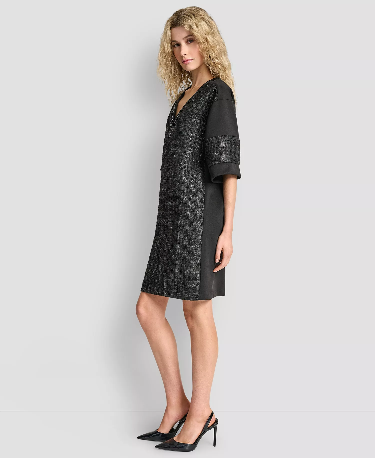 Women's Mix Media Short Sleeves Shift Dress - Black - XS