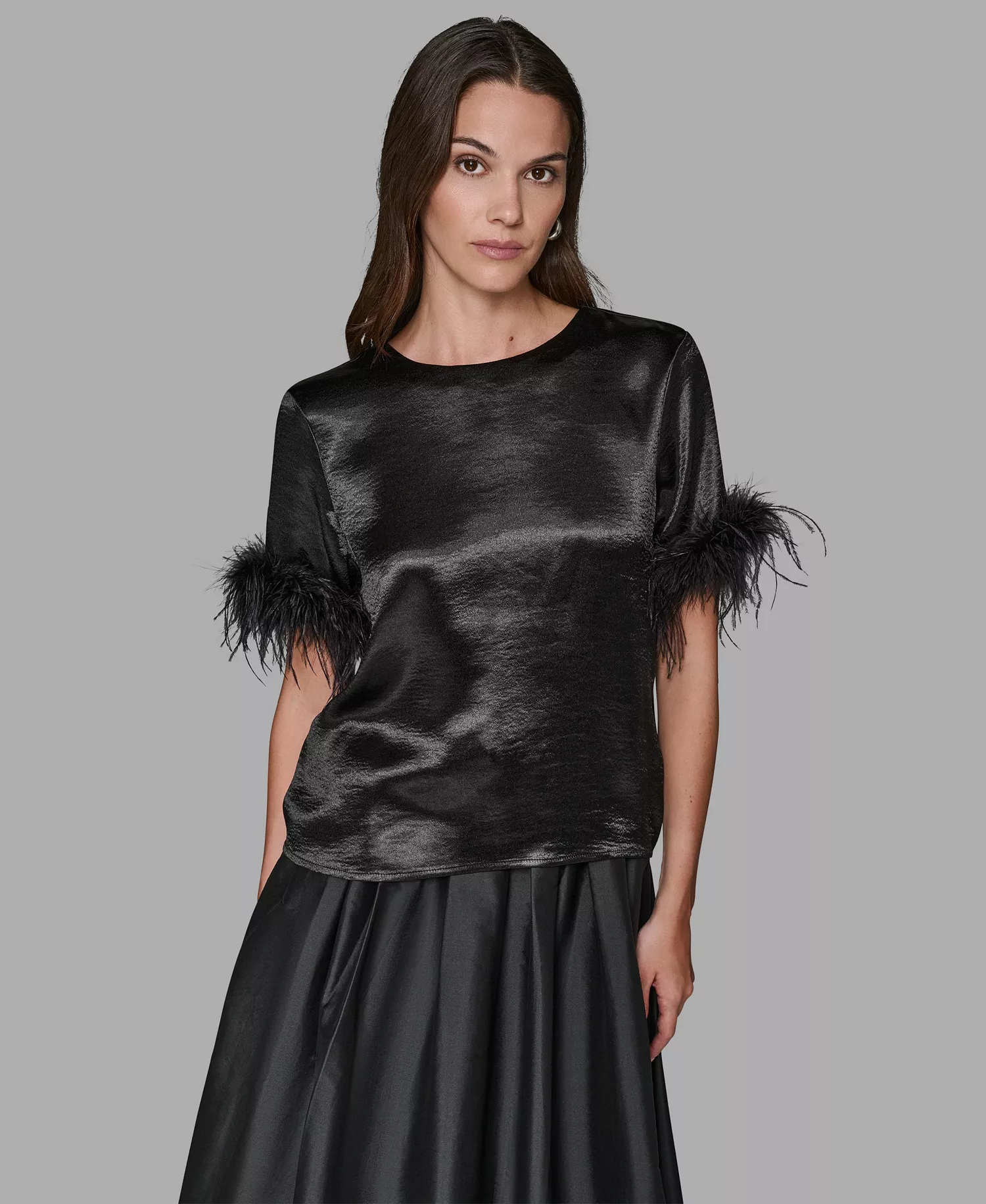 Women's Crewneck Feather Trim Top - Black - M