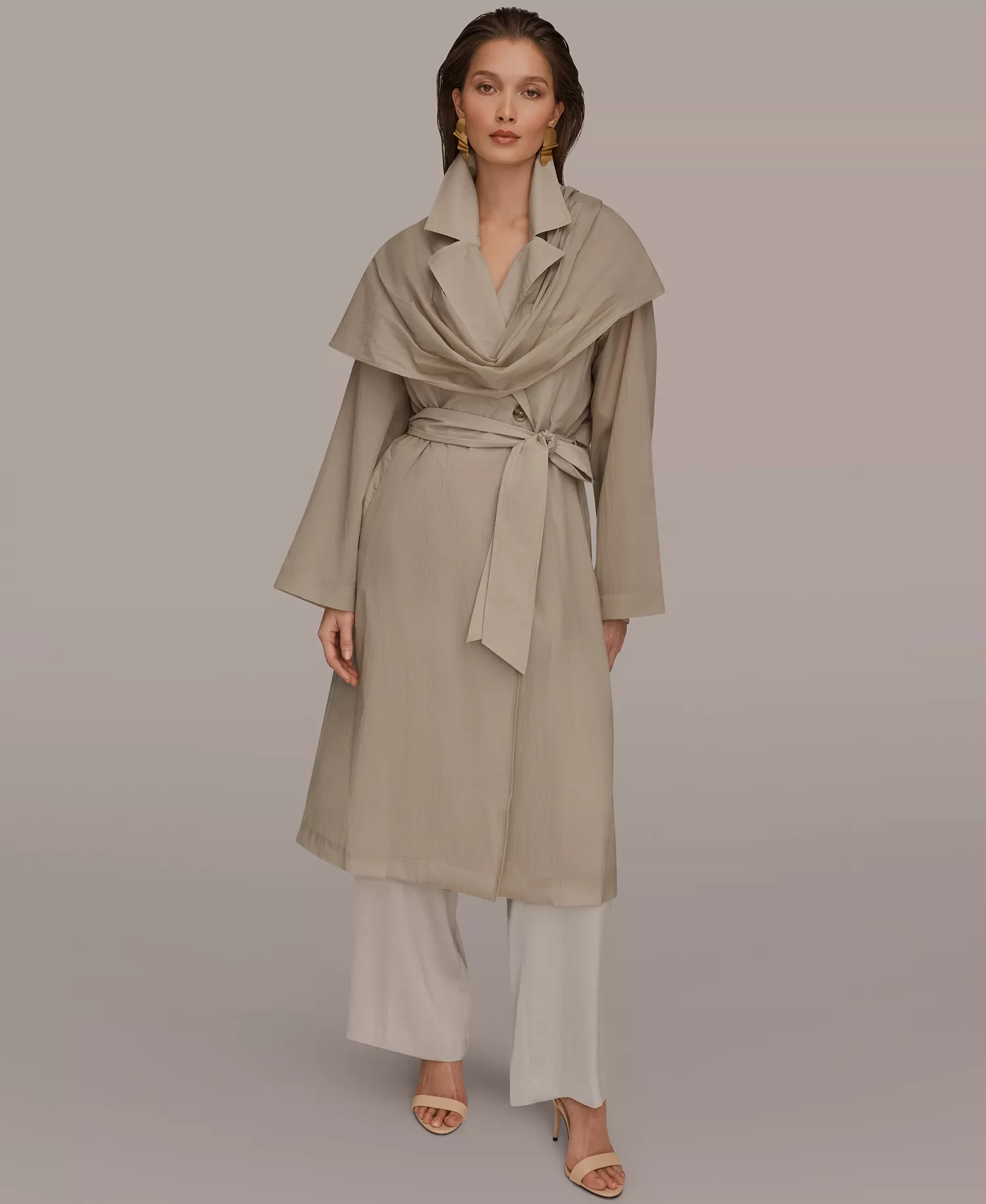 Women's Belted Collared Neck Coat - Tuscan Grey - L