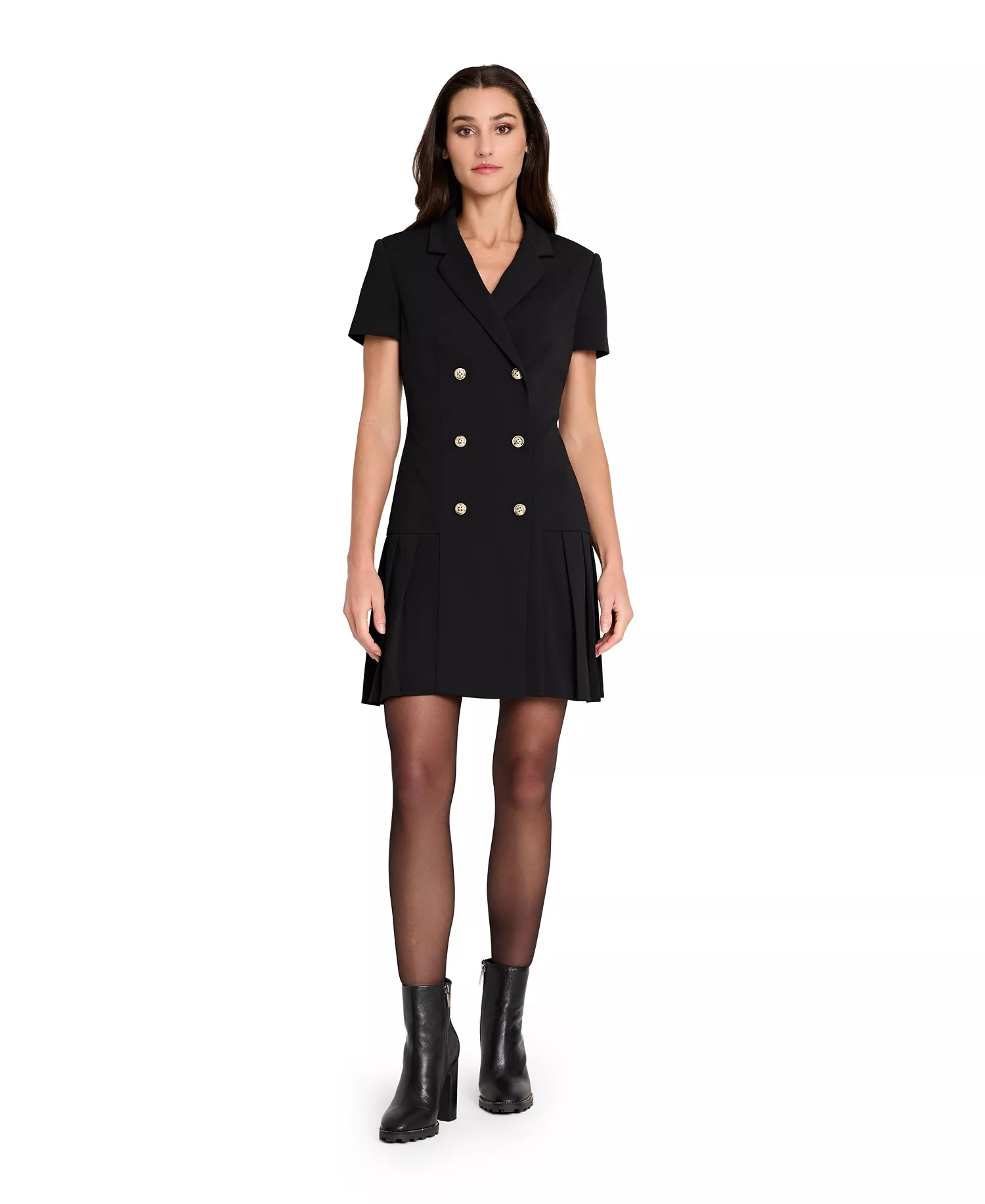 Women's Double Breasted Pleat Hem Short-Sleeve Coat Dress - Black - 10