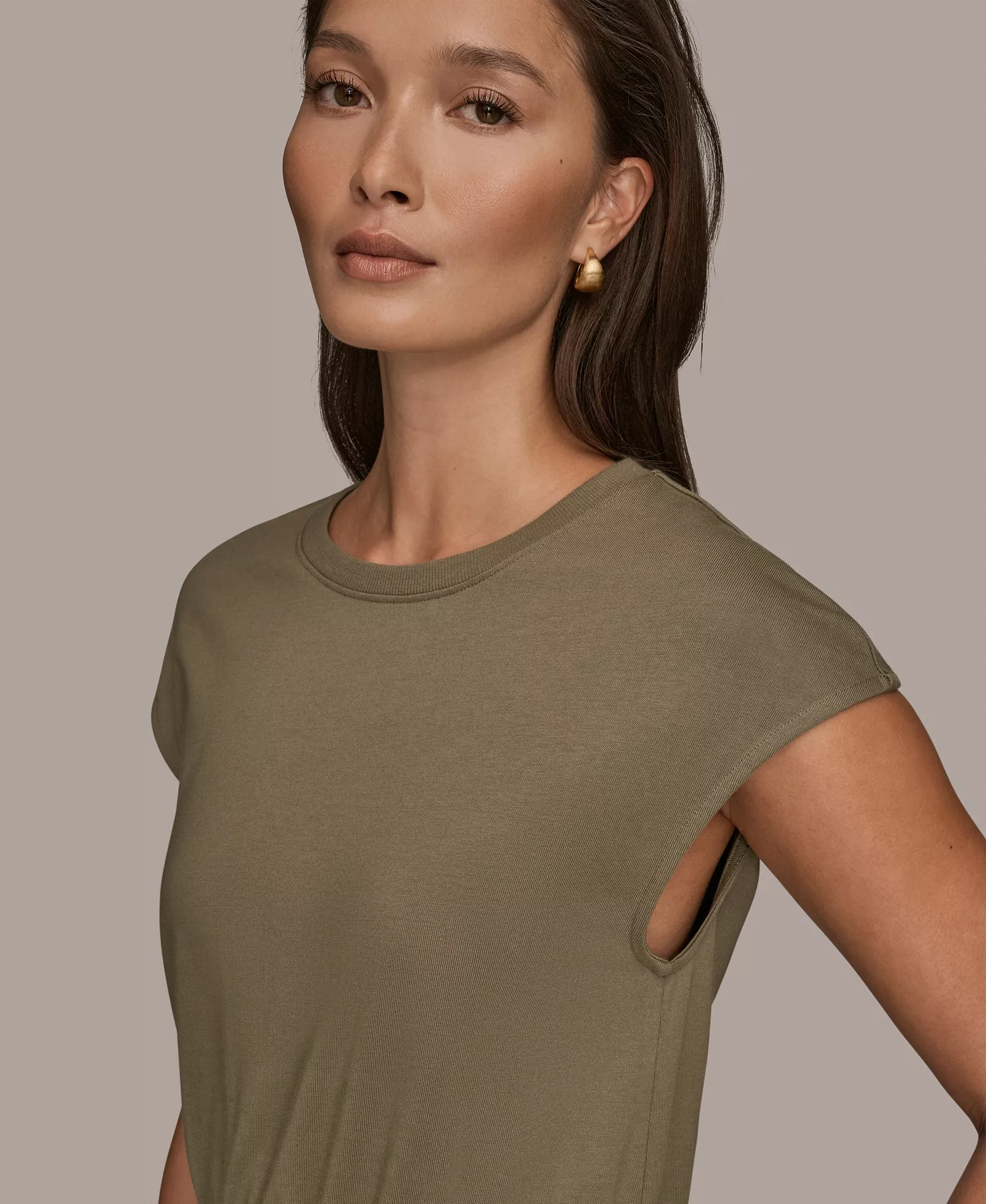 Women's Cotton Jersey Hi Lo Cap Sleeve Crew Neck Dress - Khaki Green - L