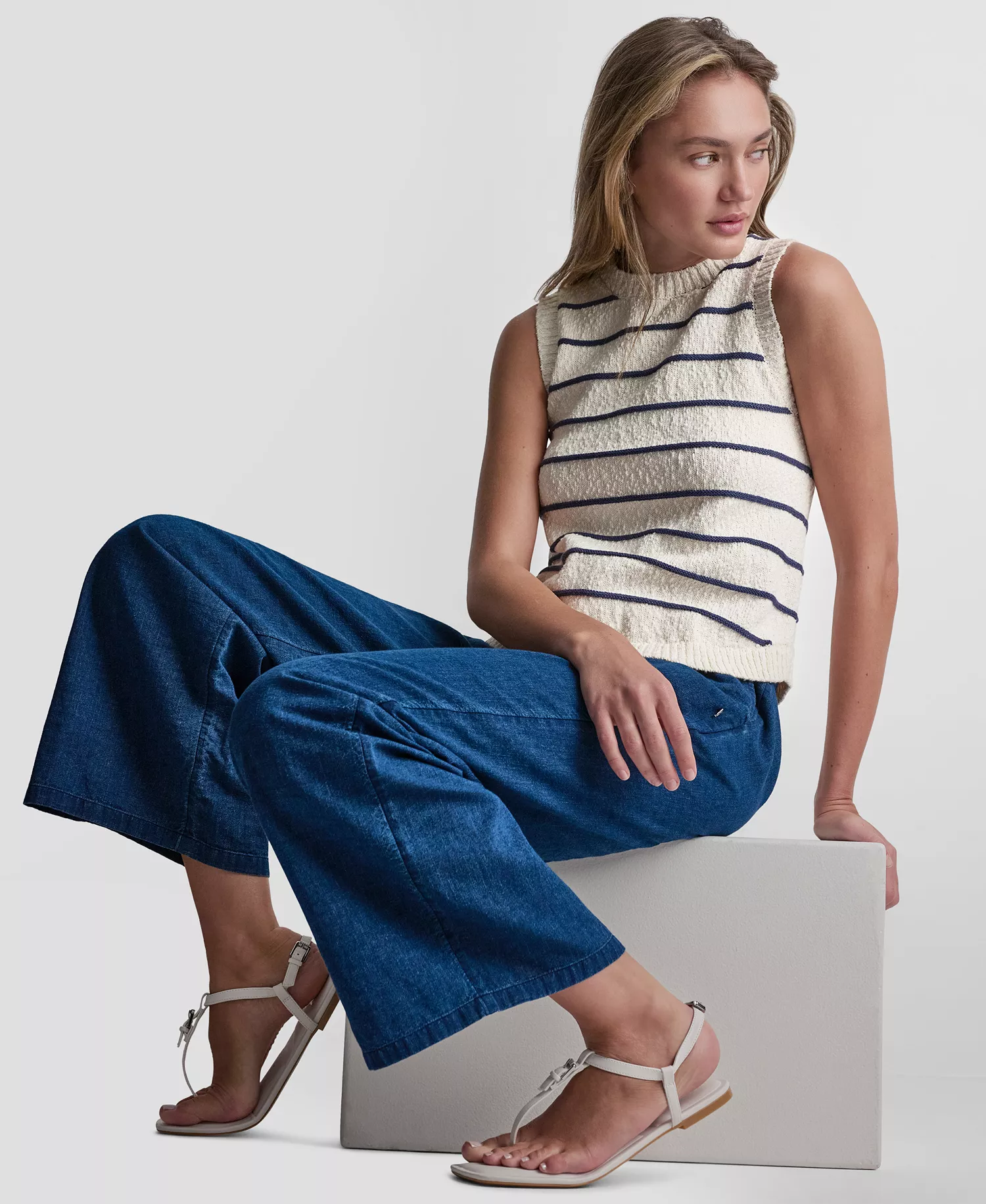 Petite Sleeveless Crewneck Striped Sweater - Eggnog/Indigo - PL