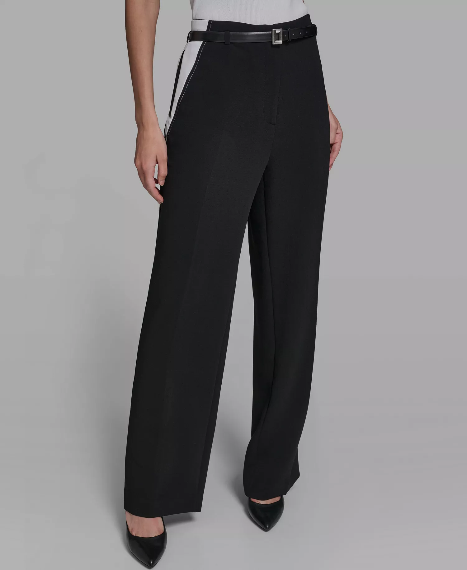 Women's Color Blocked Belted Straight Pants - Black - 10