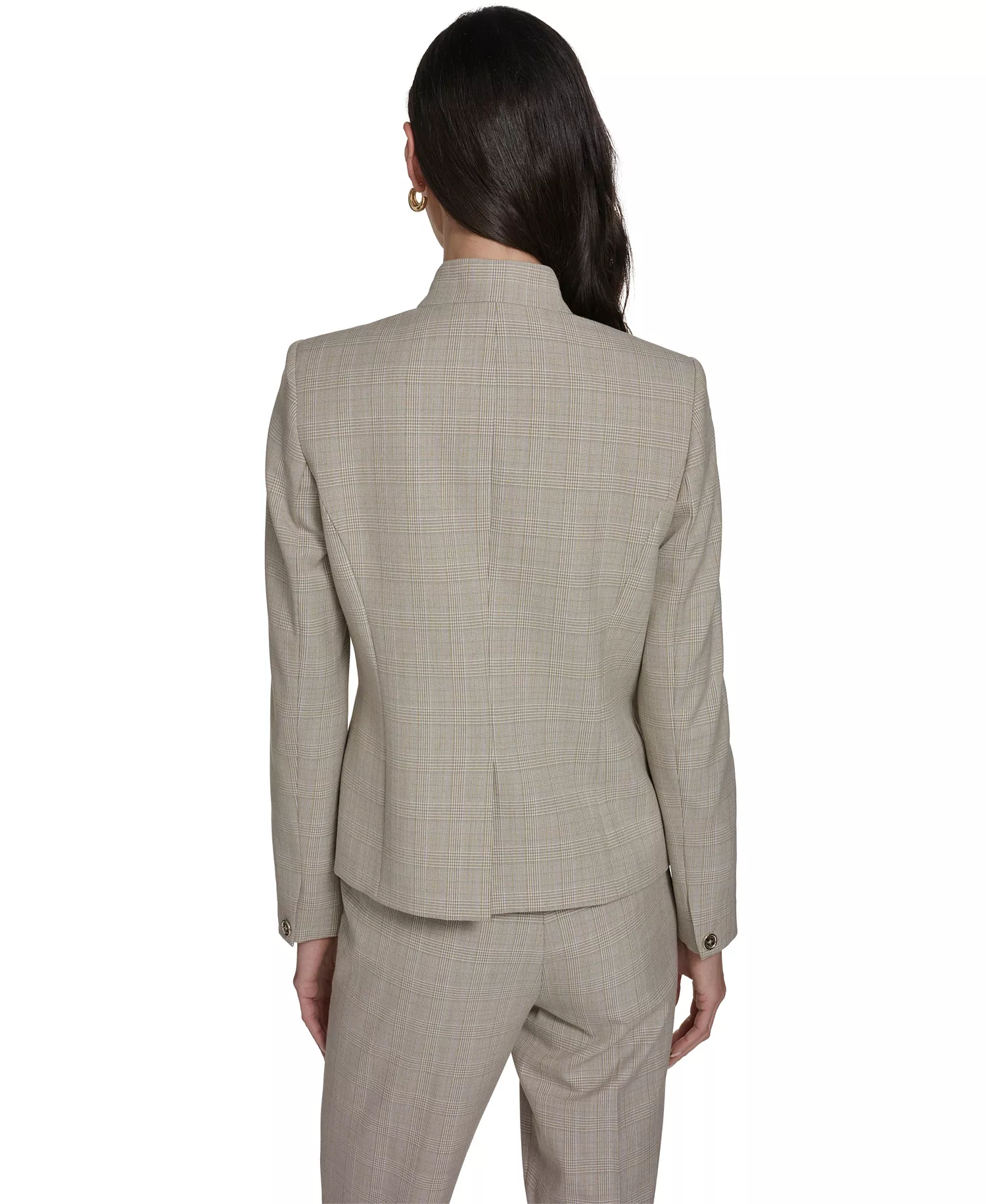 Women's Plaid Open Front Blazer,  Short-Sleeve Tipped Sweater and Plaid Bootcut Trousers - Harbor Gray Multi - 0