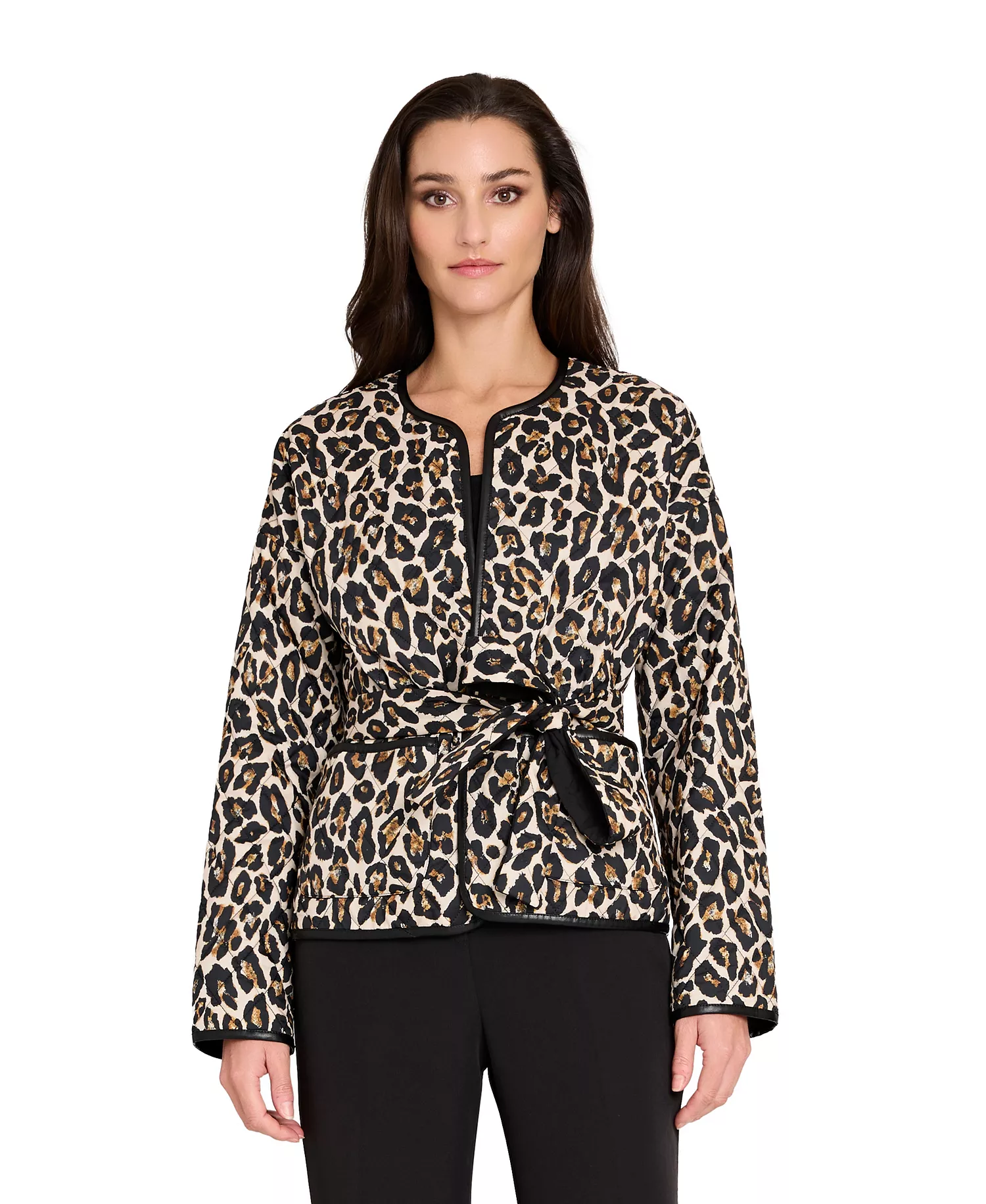 Women's Collarless Tie Belt Quilted Reversible Jacket - Natural Leopard - 10