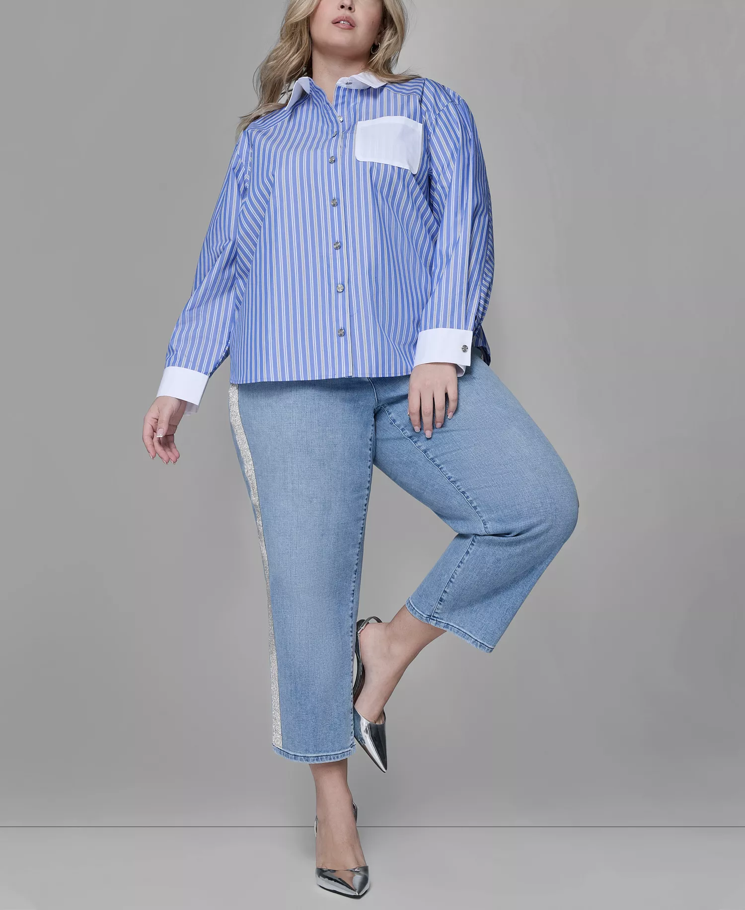 Women's Plus Size Long-Sleeve Stripe Shirt - French Blue Combo - 0X