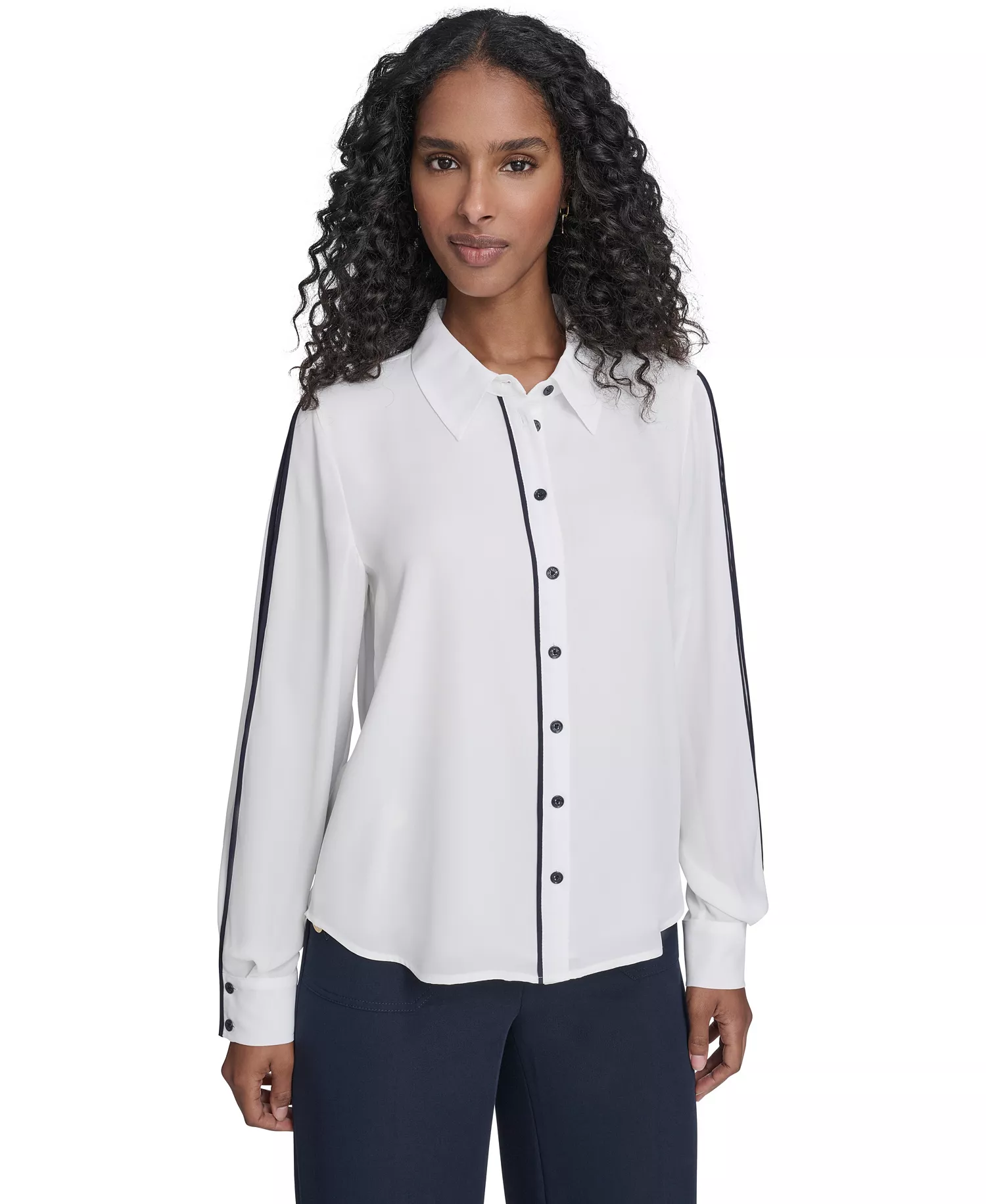 Women's Long Sleeve Contrast Trim Button-Up Blouse - Ivory - L