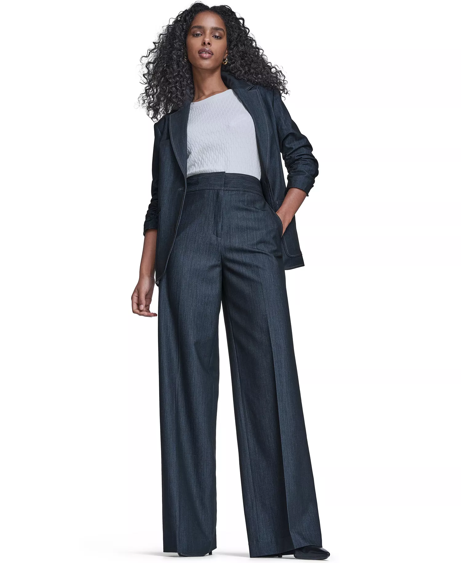 Women's Faux Denim 3/4-Sleeve Jacket, Denim Wide Leg Pants, and Textured Short-Sleeve Sweater - Indigo - 10