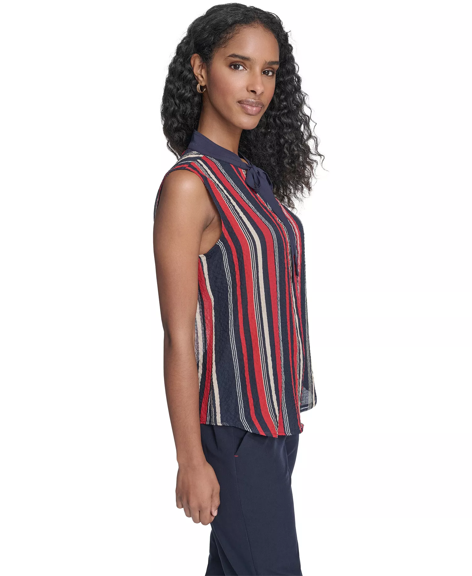 Women's Sleeveless Striped Tie V-Neck Blouse - Midnight/ Scarlet - L