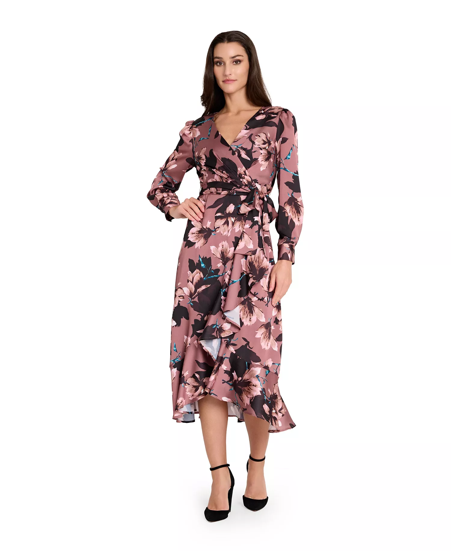 Women's V-Neck Ruffle Midi Dress - Mauve Floral - 10