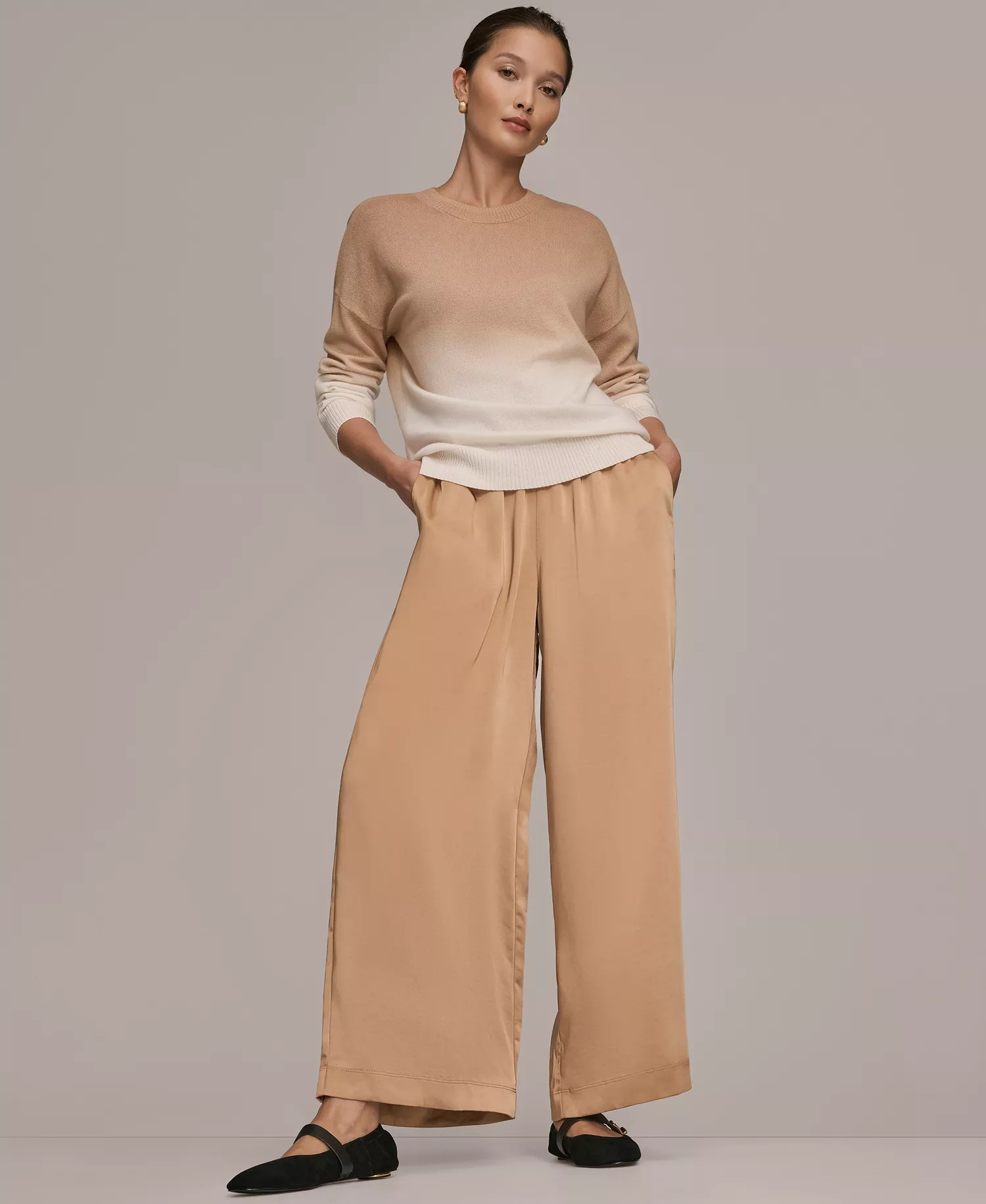 Women's Long Sleeve Wool Cashmere Blend Dye Dip Sweater - Cream/Fawn - L