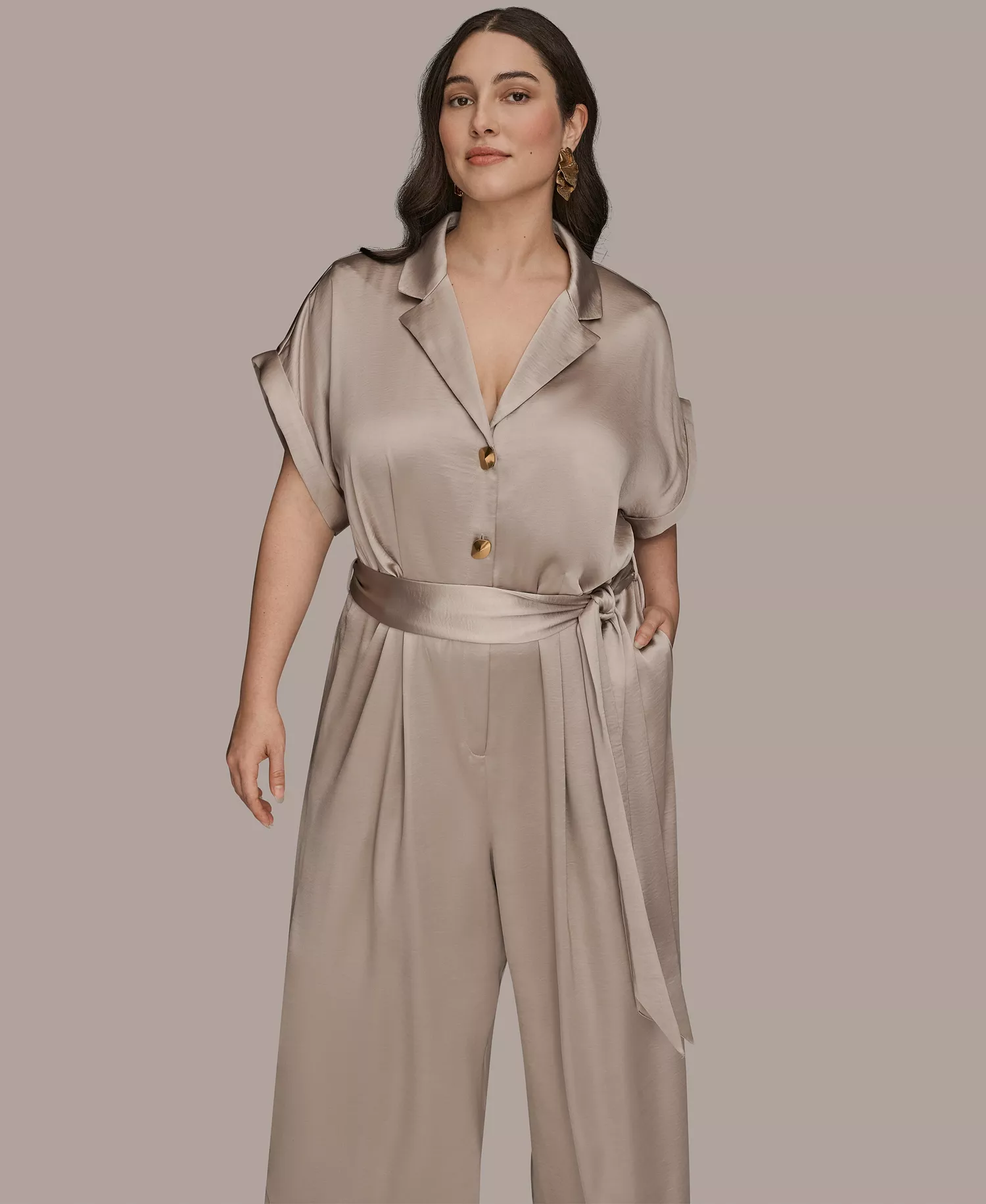 Plus Size Satin Collared Jumpsuit - Vapor - 14W