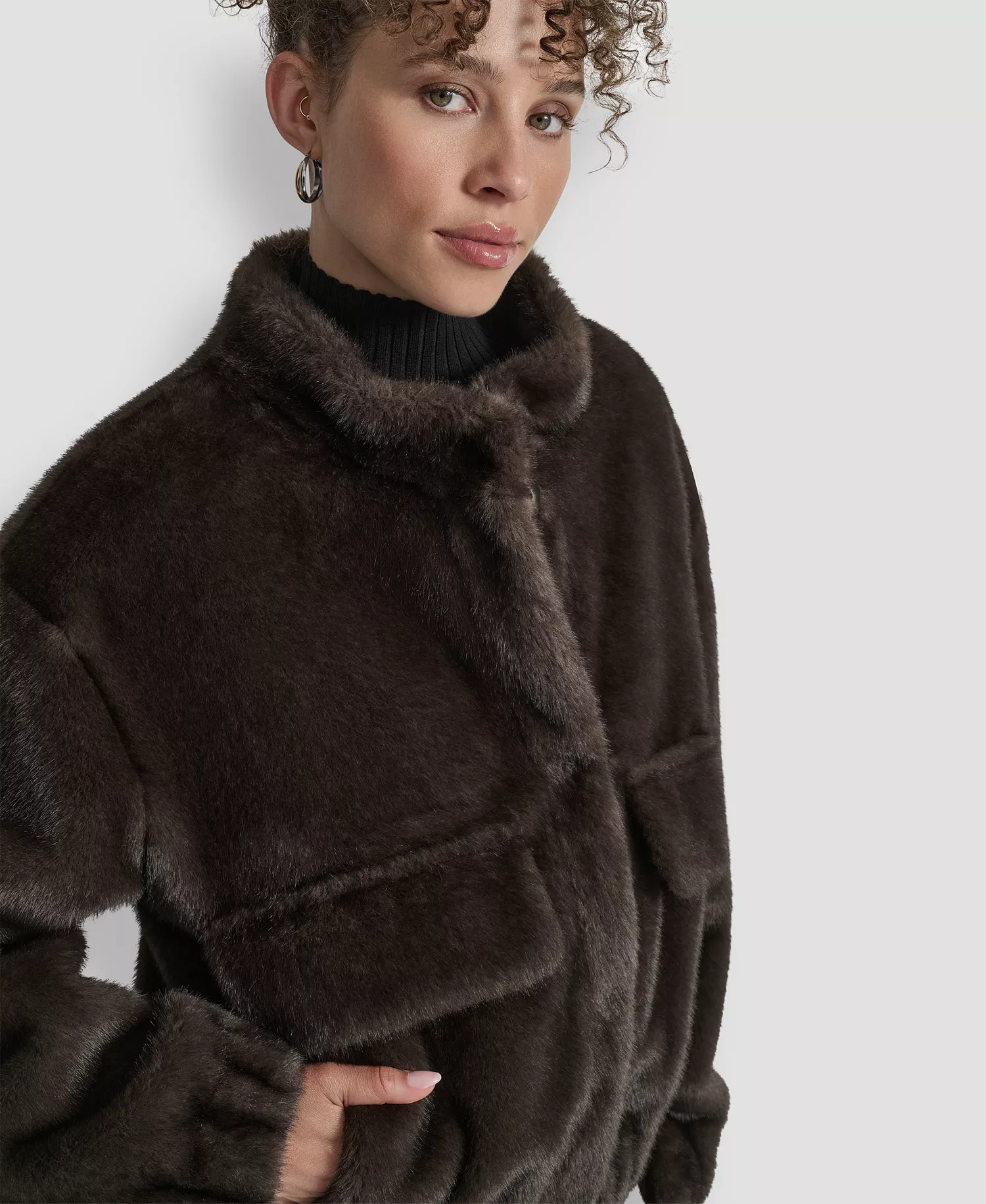 Women's Collar Neck Bomber Coat - Dark Brown - S