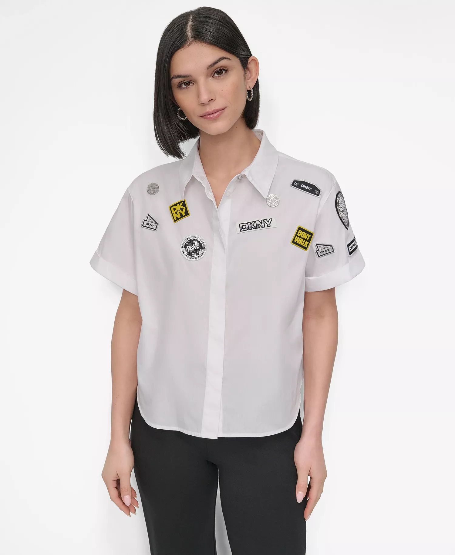 Women's Cotton Collared Pins & Patch Blouse - White - L