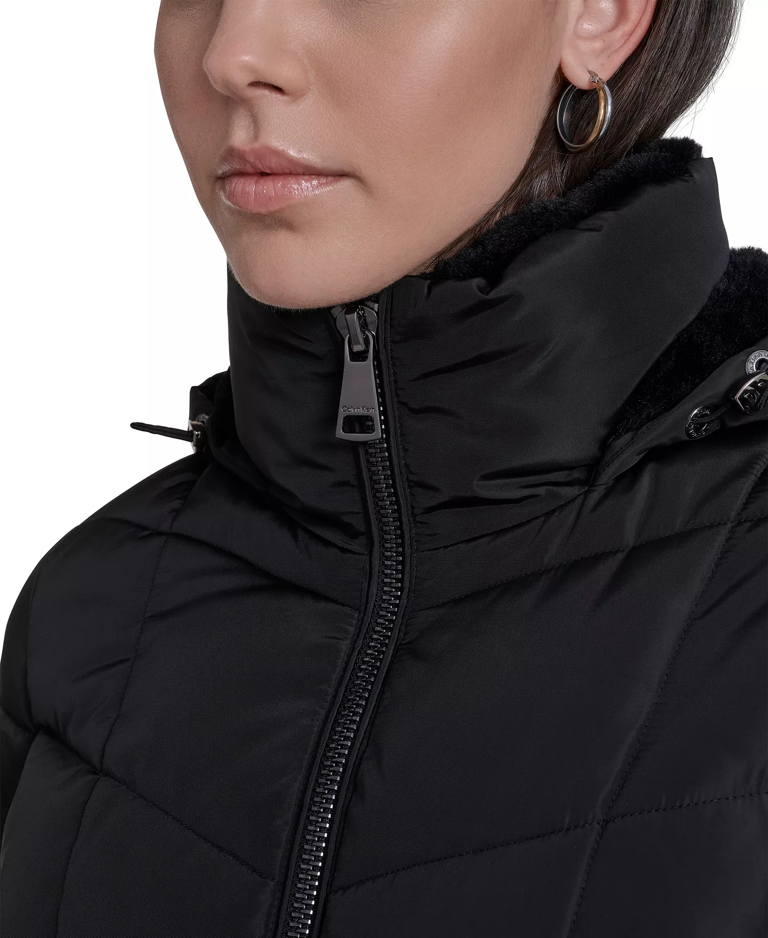 Women's Hooded Stand Collar Puffer Coat - Black - L