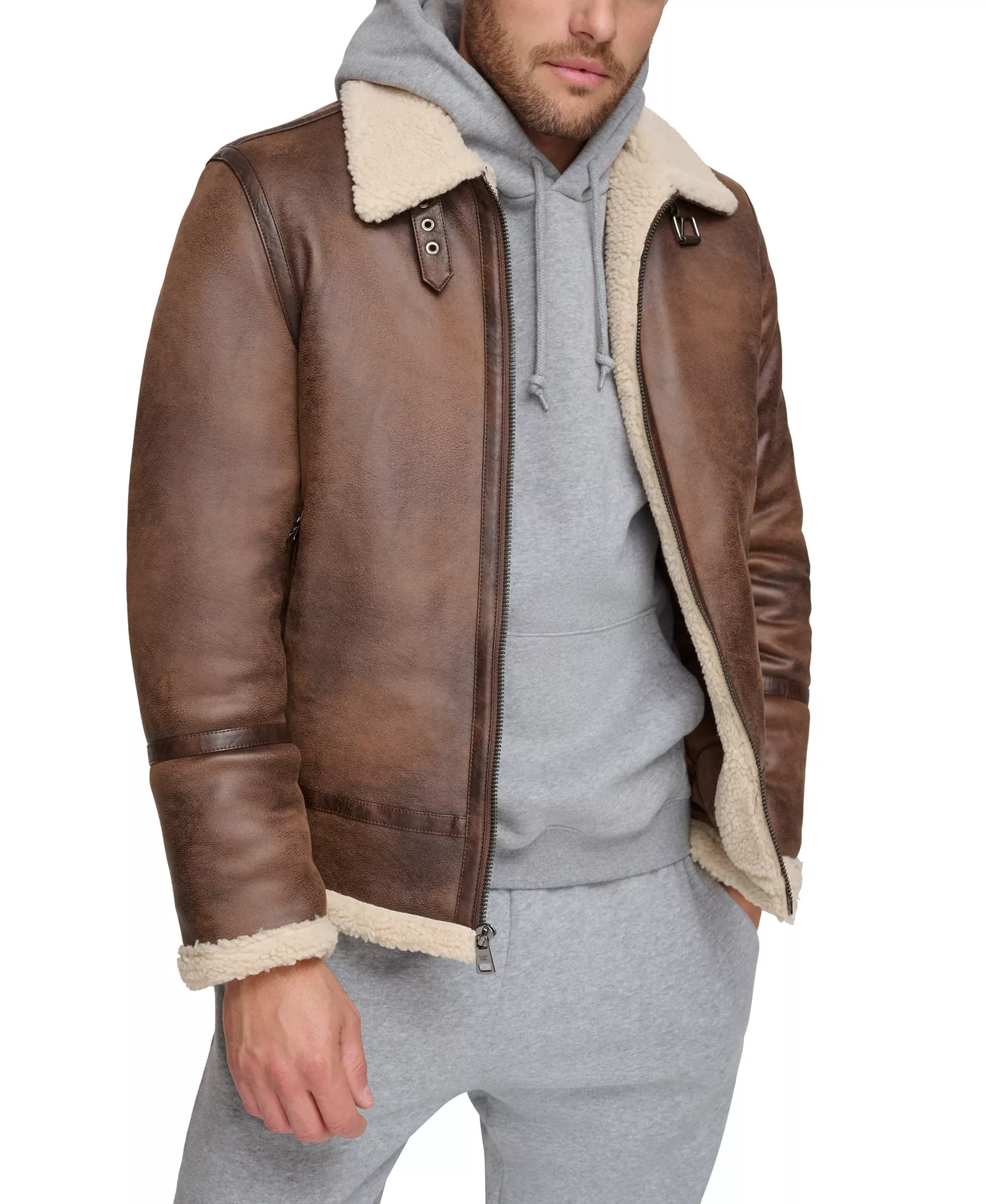 Men's Classic Faux Shearling B-3 Bomber Jacket - Brown - 2XL