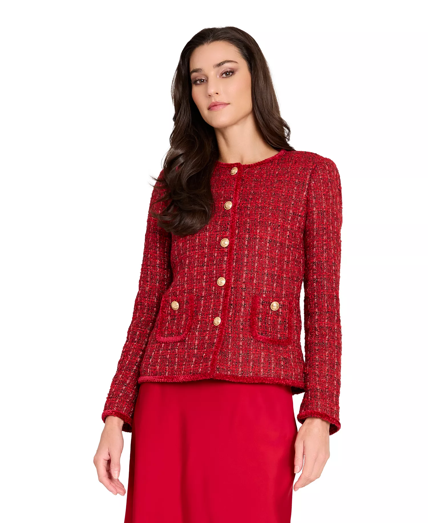 Petite Long-Sleeve Boucle Jacket - Red Multi - 10P