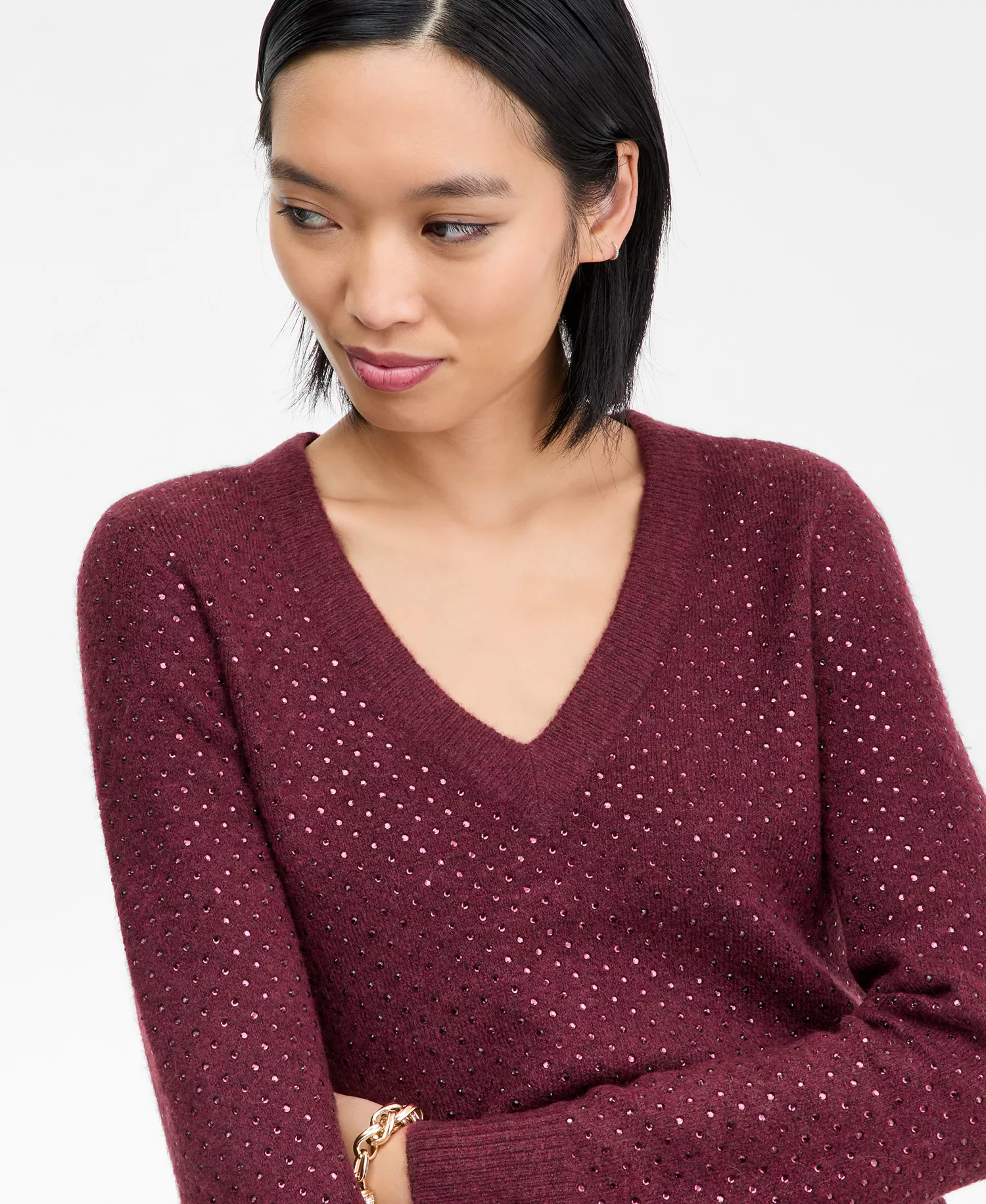 Women's Rhinestone Embellished Sweater, Macy's Exclusive - Maroon Combo - L