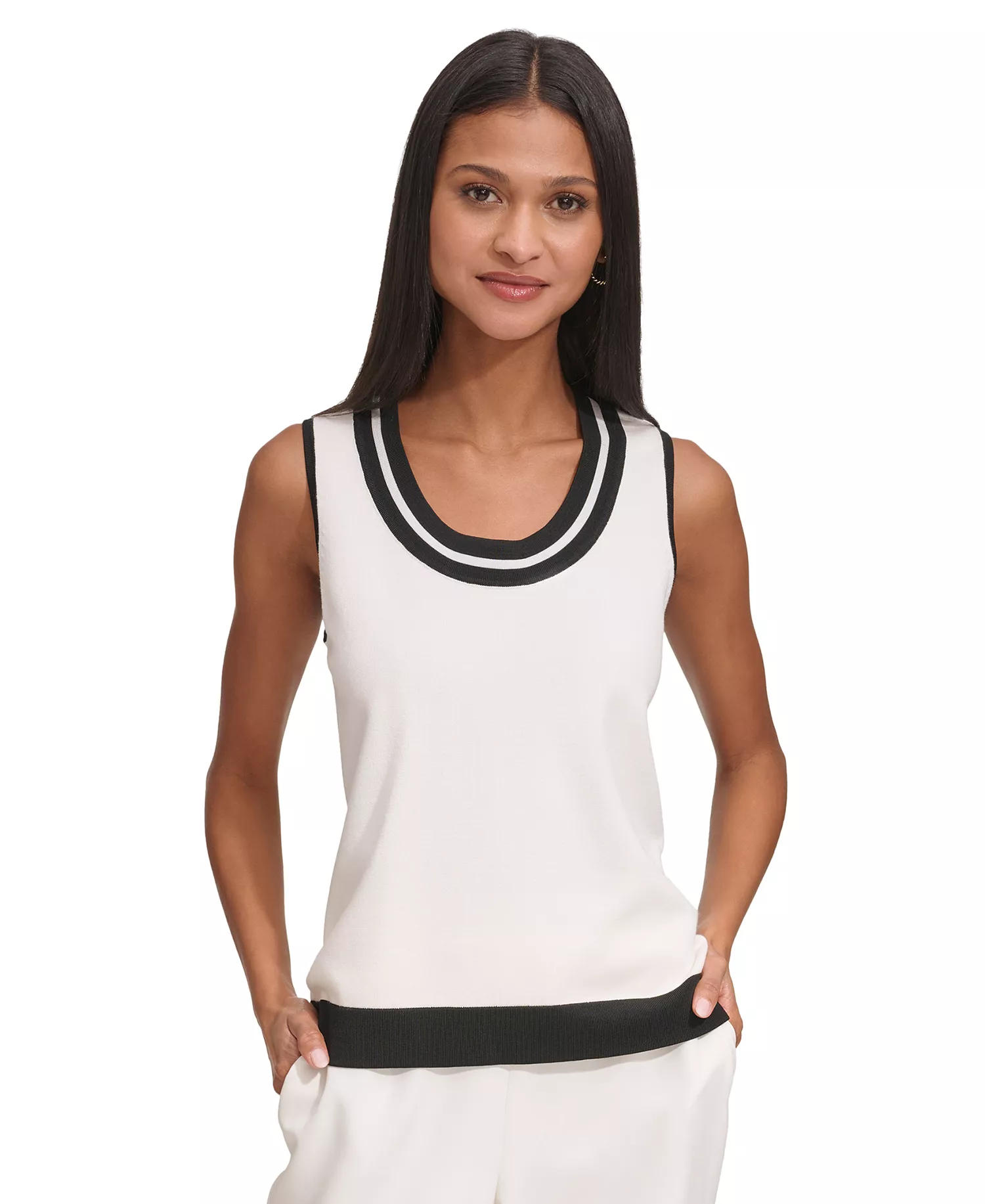 Women's Scoop-Neck Sleeveless Knit Top with Contrast Trim - Black/soft White - L