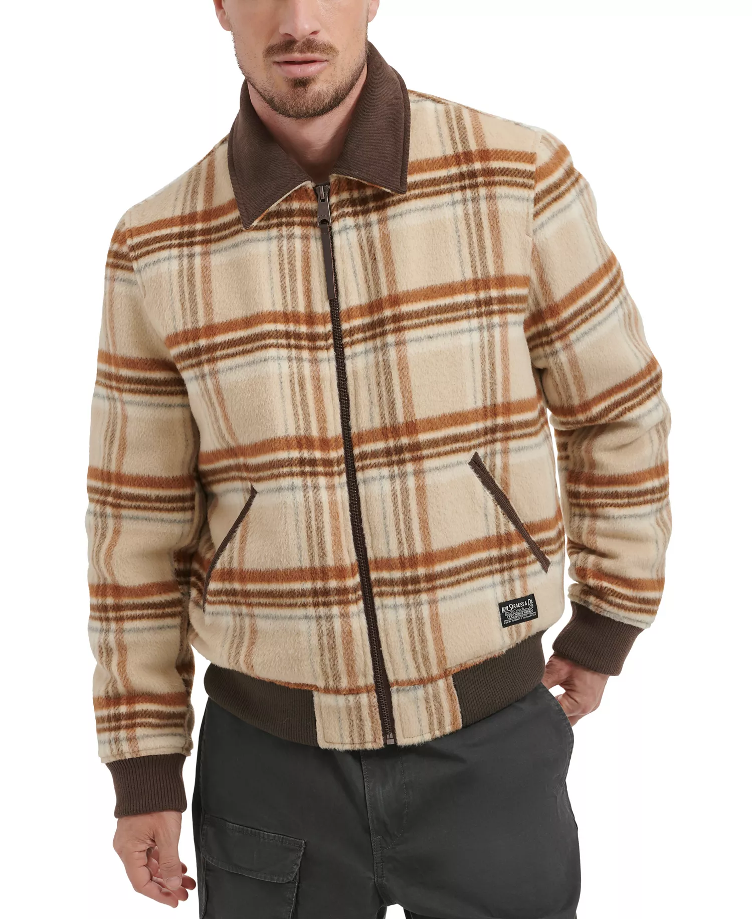 Men's Zip Corduroy-Collar Jacket - Cream Plaid - M