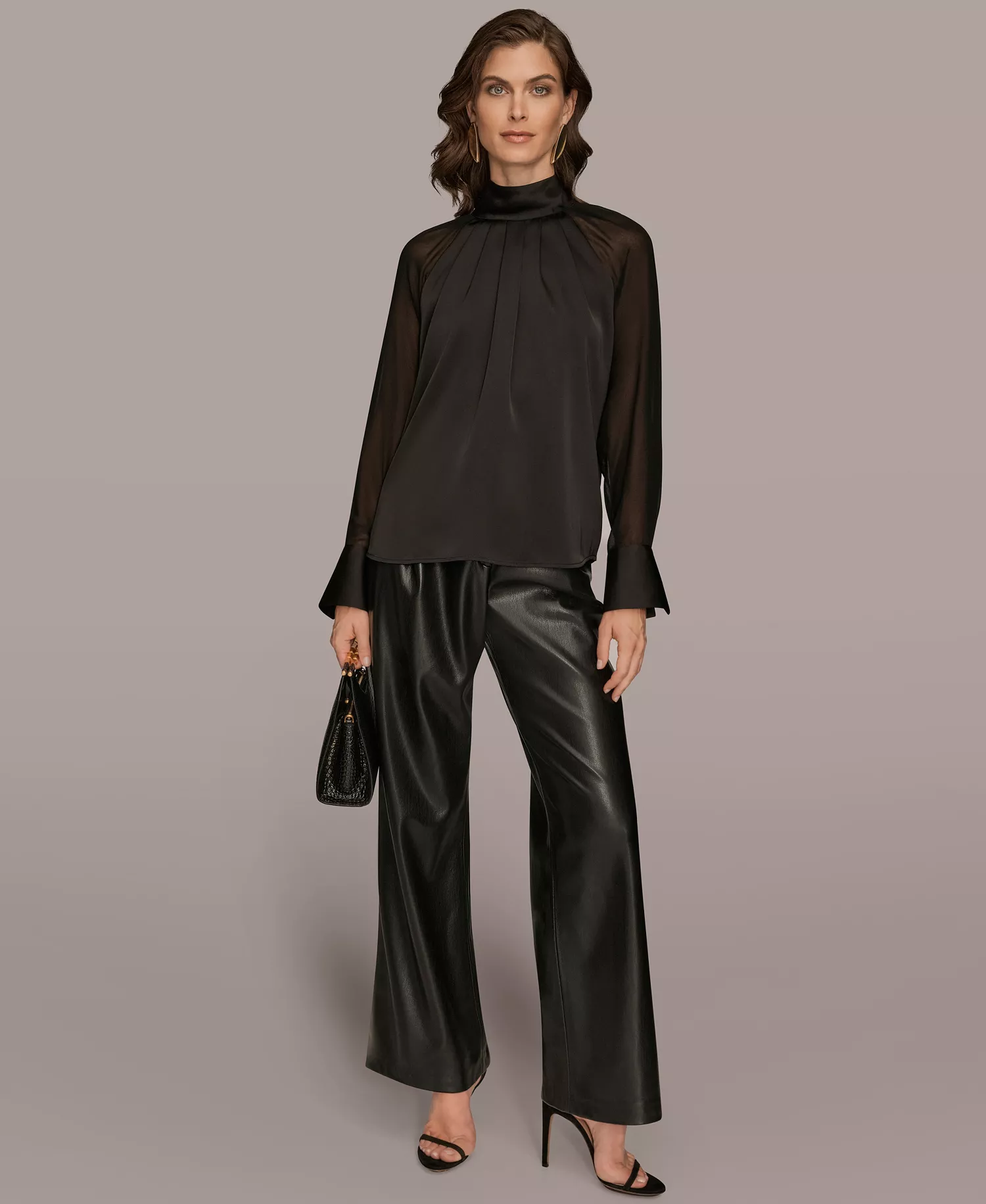 Women's High Neck Mix Media Blouse - Black - S