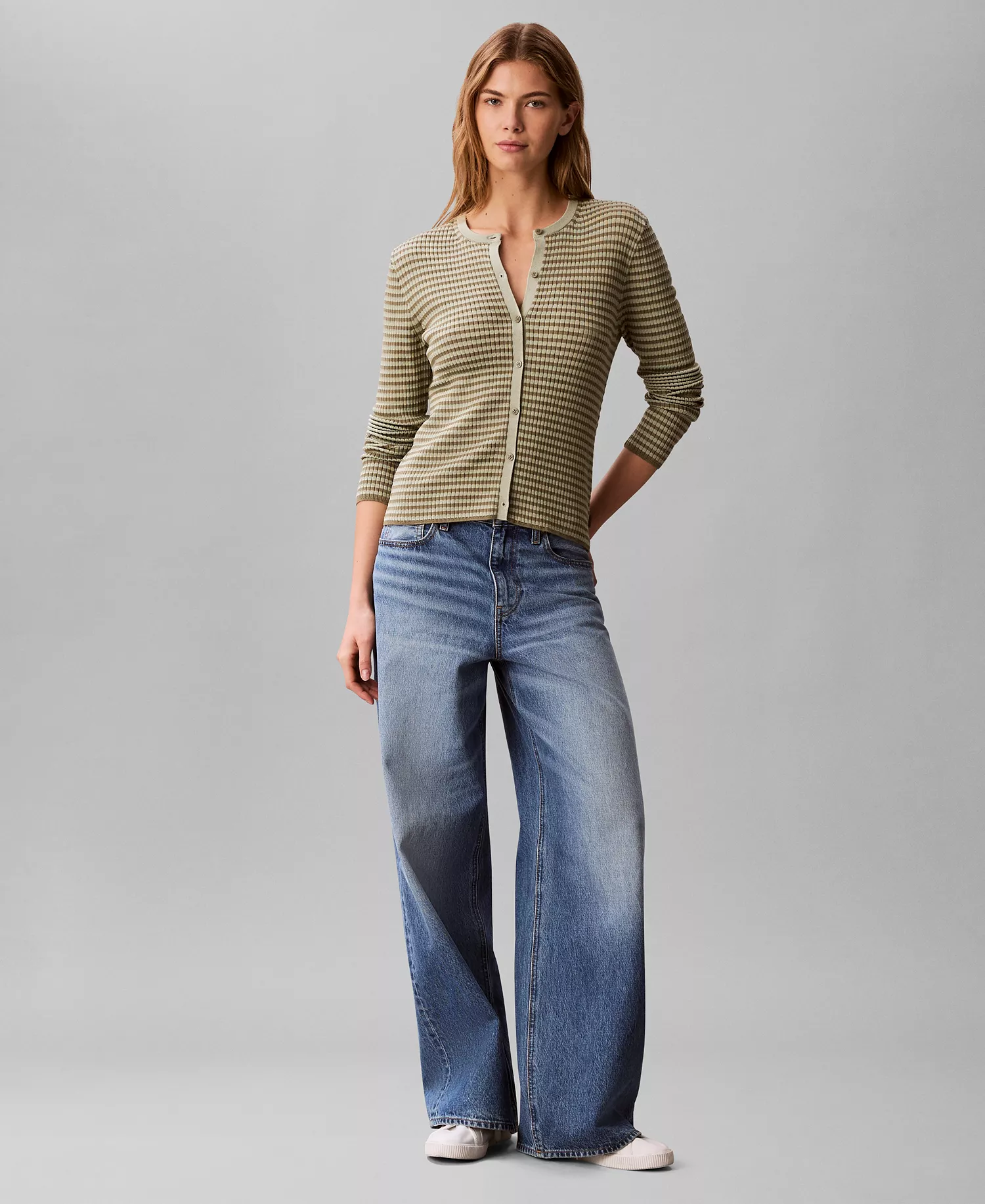 Women's Striped Long-Sleeve Sweater - Deep Lichen Green - L