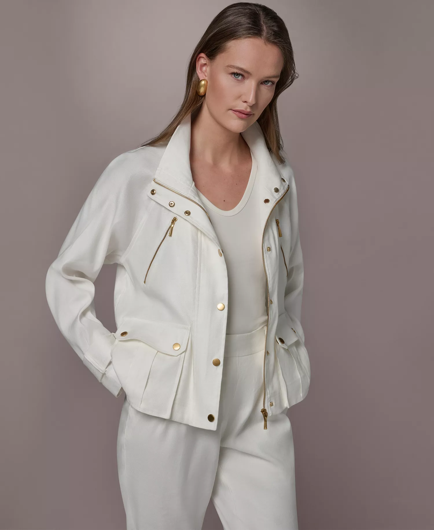 Women's Zipper Patch Pocket Jacket - Cream - L