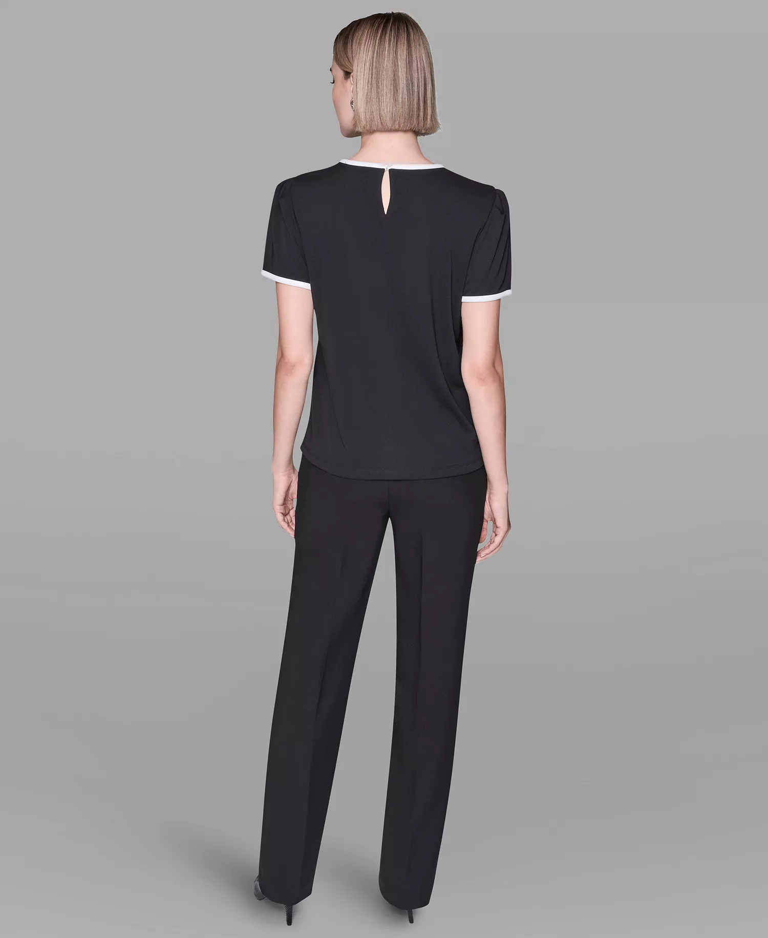 Women's Keyhole Neck with Bow Contrast Piping Top - Black/Soft White - L