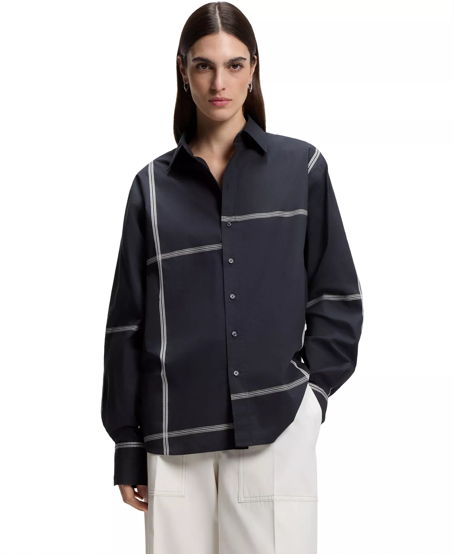 BOSS by Women's Cotton Canvas Relaxed-Fit Blouse - Dark Blue - 10